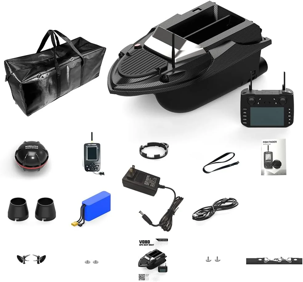 قایق طعمه پاش آرسی FunXylophy V080، قایق های هوشمند طعمه پاشی ماهیگیری با ظرفیت بارگیری 3 کیلوگرم و کنترل از راه دور 800 متری، موقعیت یابی GPS، کروز خودکار، چراغ LED، کیف دستی، مشکی