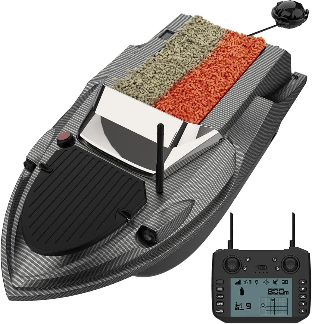 قایق طعمه پاش آرسی FunXylophy V080، قایق های هوشمند طعمه پاشی ماهیگیری با ظرفیت بارگیری 3 کیلوگرم و کنترل از راه دور 800 متری، موقعیت یابی GPS، کروز خودکار، چراغ LED، کیف دستی، مشکی