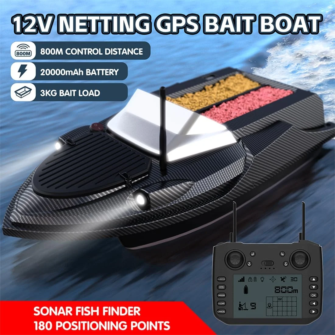 قایق طعمه پاش آرسی FunXylophy V080، قایق های هوشمند طعمه پاشی ماهیگیری با ظرفیت بارگیری 3 کیلوگرم و کنترل از راه دور 800 متری، موقعیت یابی GPS، کروز خودکار، چراغ LED، کیف دستی، مشکی