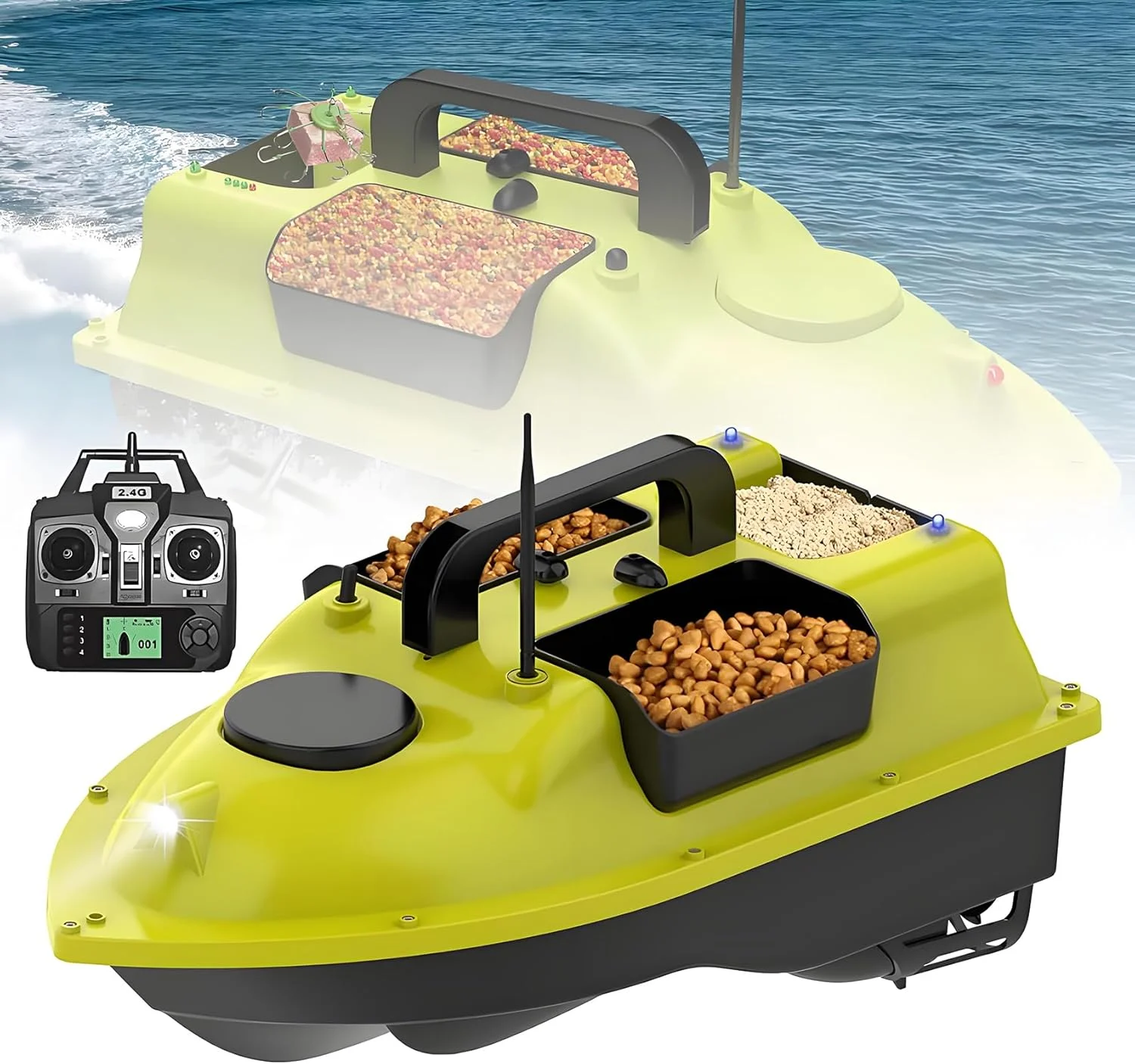 قایق طعمه ماهیگیری RC، قایق طعمه ماهیگیری کارپ GPS 500 متری با 3 پرتابگر طعمه، قلاب ماهیگیری کارپ، قیف بارگیری 1.5 کیلوگرمی و کیف دستی، برای ماهیگیری در دریاچه در فضای باز