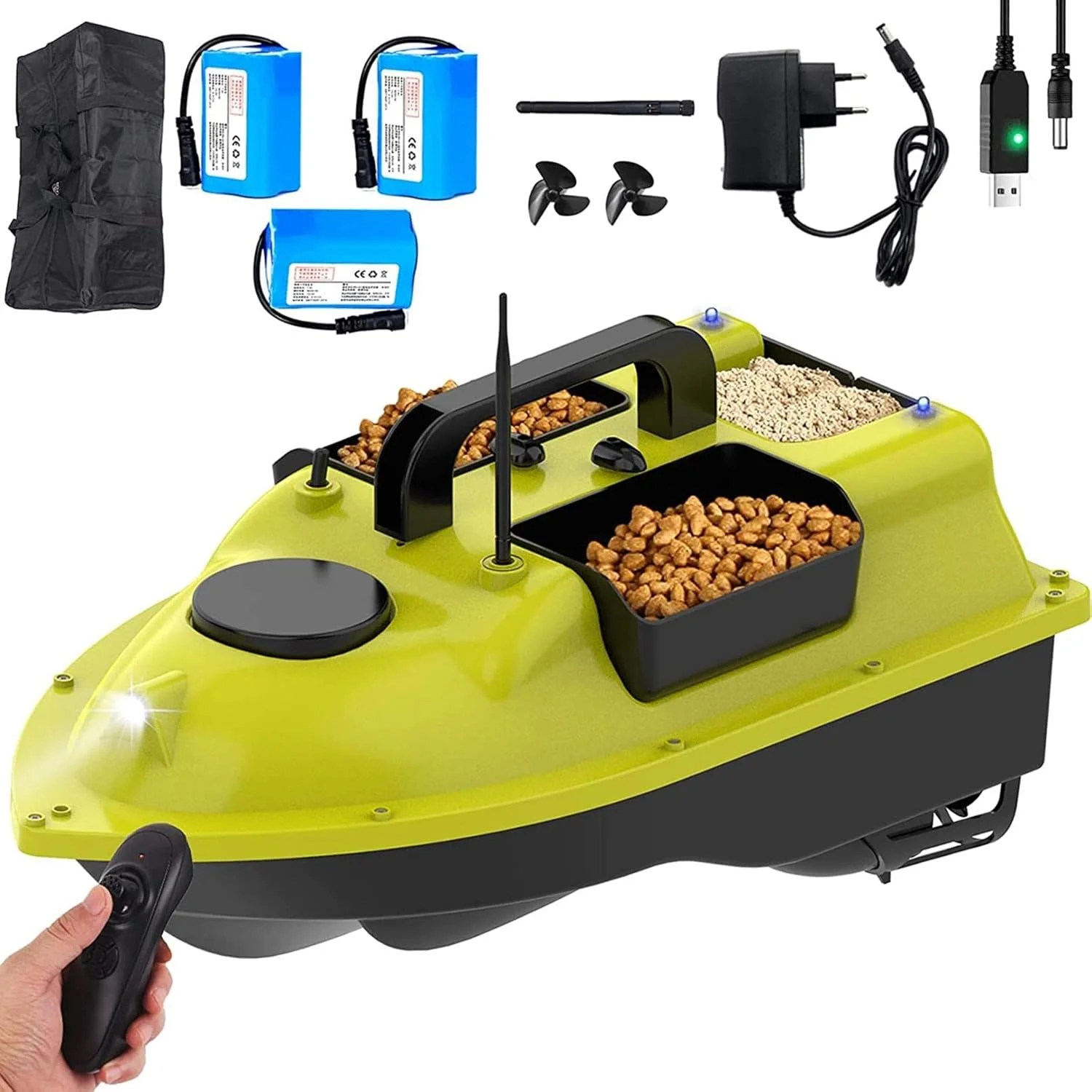 قایق ماهیگیری بوپر، قایق طعمه پاشی با موتورهای دوتایی و پروانه های دوتایی، قایق کنترل از راه دور برای استخرها و دریاچه ها، عملکرد کروز اتوماتیک، آرسی بارکو، باتری 9600mAh