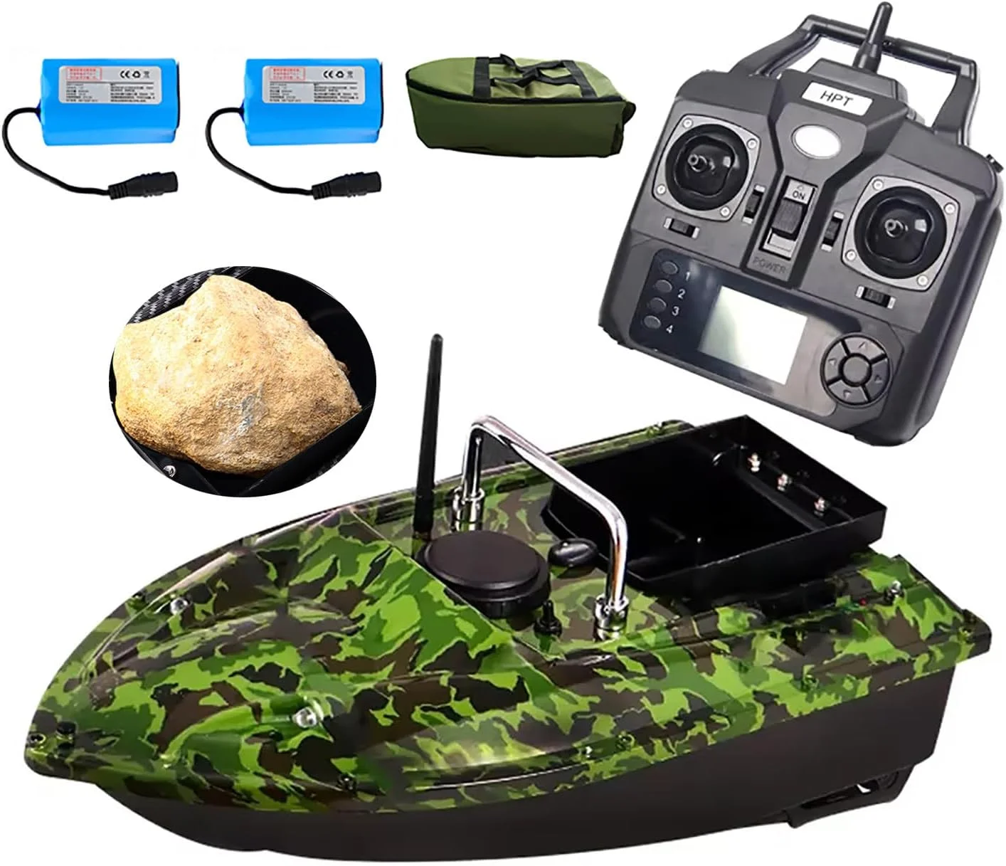 قایق طعمه پاشی 500 متری RC برای ماهیگیری با 2 باتری 12000 میلی آمپر ساعت و کیف قایق، بازگشت خودکار GPS، ظرفیت بارگیری 1.5 کیلوگرم، دارای چراغ شب LED برای تحویل طعمه و رهاسازی قلاب