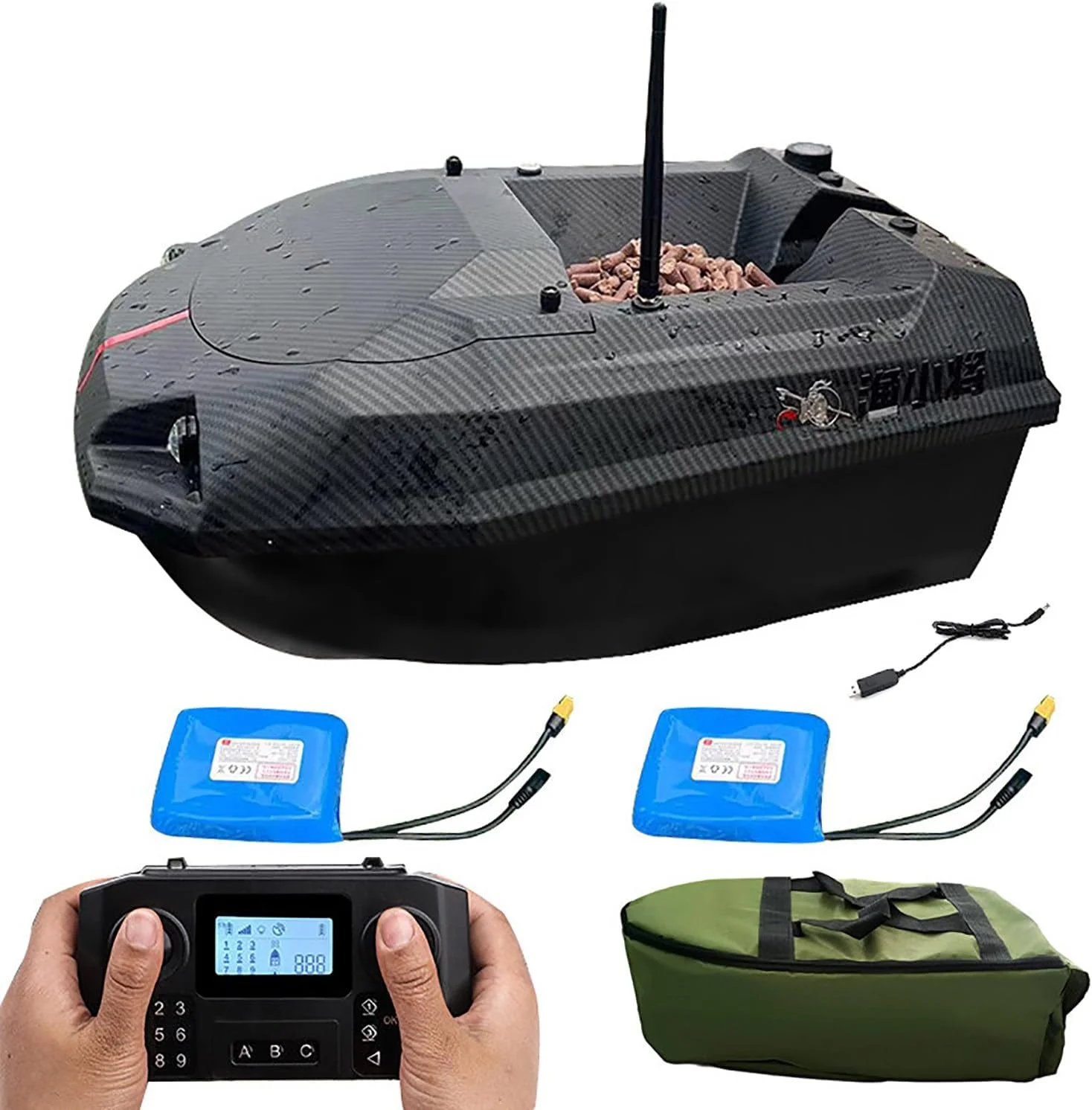 قایق طعمه پاش ماهیگیری GPS با ولتاژ 12 ولت، دارای 2 عدد باتری قابل تعویض 15600 میلی آمپر ساعت/ چراغ های ماهیگیری شبانه، بازگشت خودکار، کنترل از راه دور دوگانه 500 متری، تحویل طعمه، تحویل قلاب، قایق کشش تور