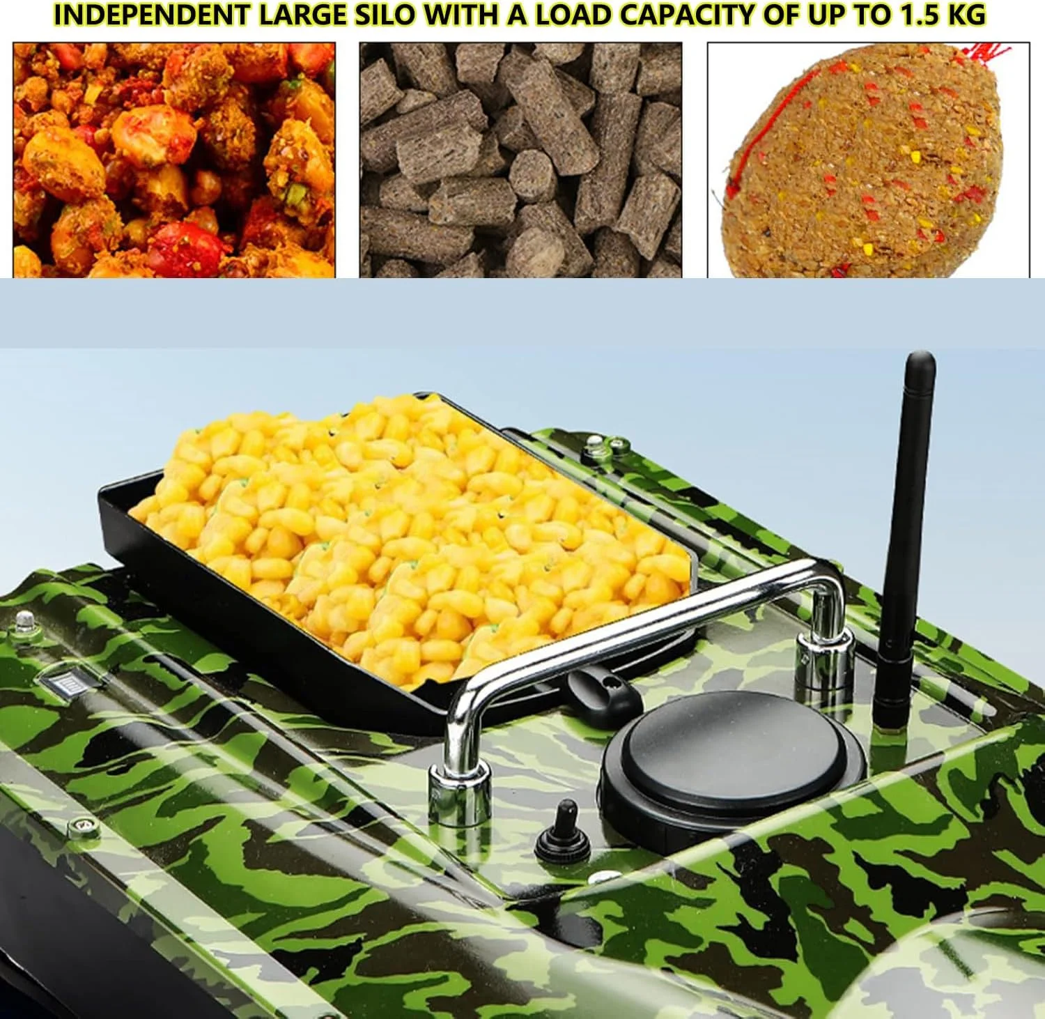 قایق طعمه پاشی 500 متری RC برای ماهیگیری با 2 باتری 12000 میلی آمپر ساعت و کیف قایق، بازگشت خودکار GPS، ظرفیت بارگیری 1.5 کیلوگرم، دارای چراغ شب LED برای تحویل طعمه و رهاسازی قلاب