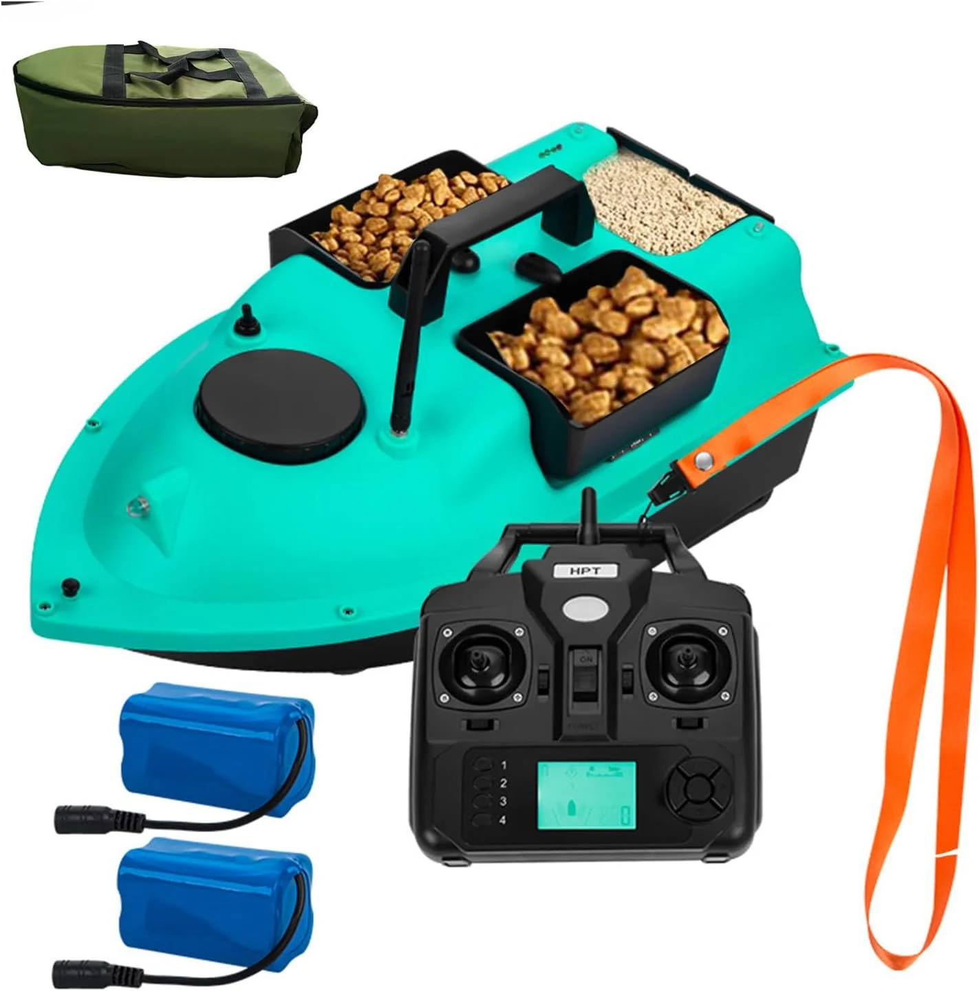 قایق طعمه پاشی ماهیگیری با نورهای ماهیگیری شبانه، 3 مخزن طعمه مستقل، بازگشت خودکار، برد 500 متر، قایق ماهیگیری RC، ظرفیت حمل 2 کیلوگرم، آبی