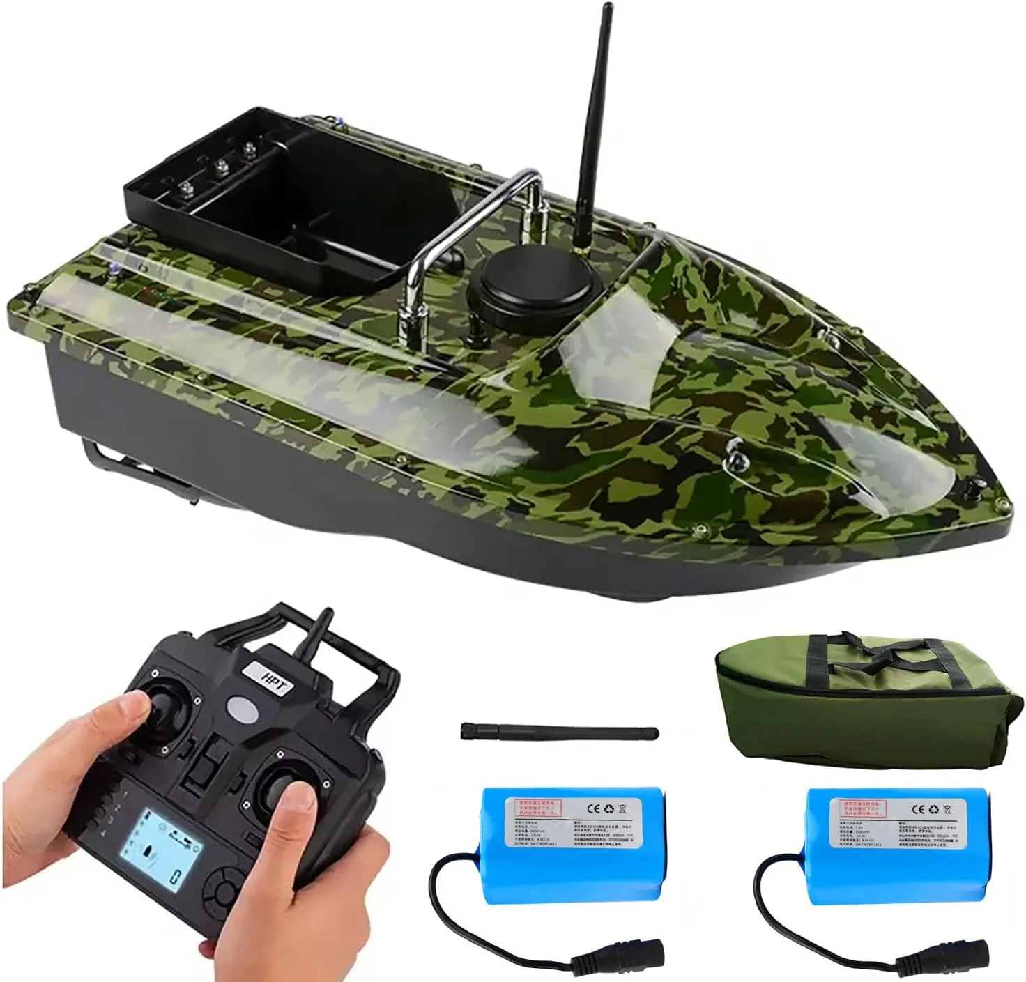 قایق طعمه پاشی 500 متری آرسی برای ماهیگیری با جی پی اس، 2 عدد باتری 12000 میلی آمپر قابل جابجایی / چراغ های ماهیگیری شبانه، ظرفیت حمل 1.5 کیلوگرم، مناسب برای تحویل طعمه، تحویل قلاب، ابزار ماهیگیری