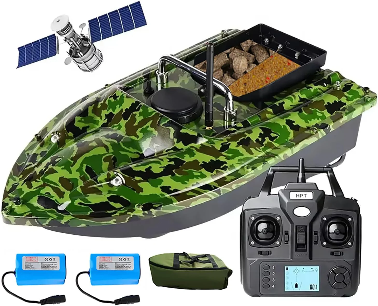 قایق طعمه پاشی ماهیگیری GPS با بازگشت خودکار، 7.4 ولت با 2 عدد باتری 12000 میلی آمپر ساعتی قابل جابجایی/چراغ های ماهیگیری شبانه، ظرفیت بارگیری 1.5 کیلوگرم، مخزن تخلیه، فاصله کنترل از راه دور 500 متر، برای ماهیگیری شبانه