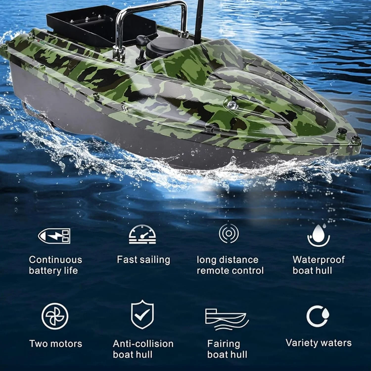 قایق طعمه پاشی ماهیگیری GPS با بازگشت خودکار، 7.4 ولت با 2 عدد باتری 12000 میلی آمپر ساعتی قابل جابجایی/چراغ های ماهیگیری شبانه، ظرفیت بارگیری 1.5 کیلوگرم، مخزن تخلیه، فاصله کنترل از راه دور 500 متر، برای ماهیگیری شبانه