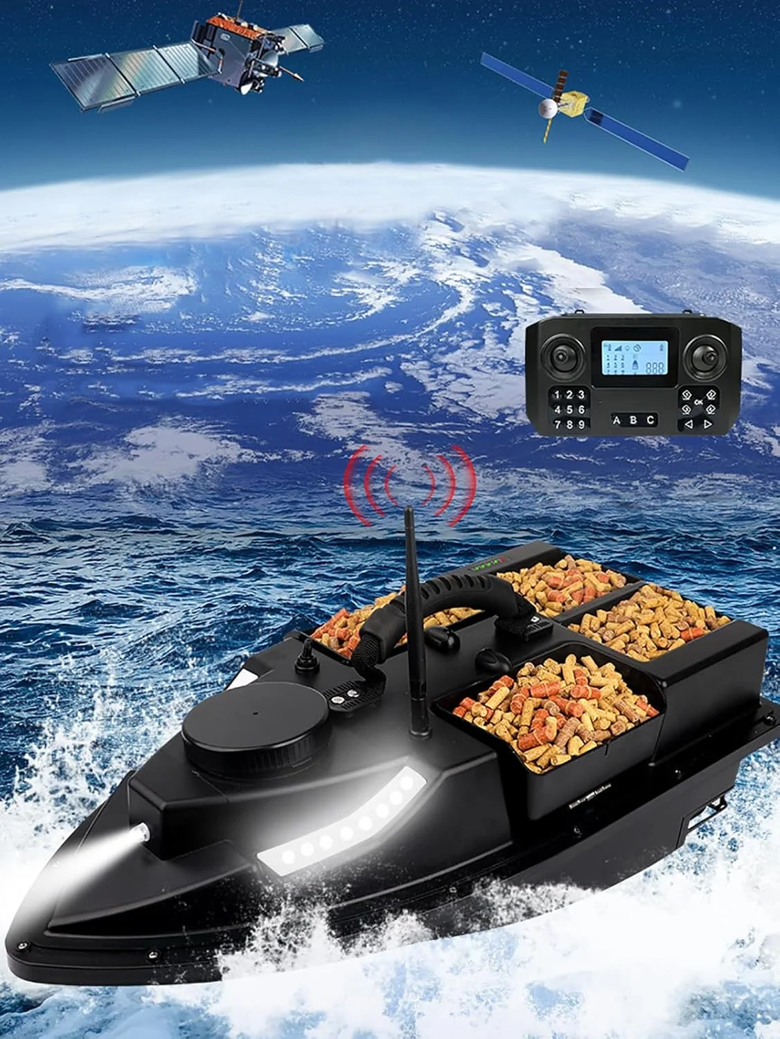 قایق طعمه پاشی با ۴ مخزن طعمه / ۲ عدد باتری ۲۵۰۰۰ میلی آمپر ساعت / کیف قایق، ۱۰۰ نقطه موقعیت یابی، بازگشت خودکار، ۷ چراغ ماهیگیری شبانه رنگی، قایق طعمه ضد آب برای رهاسازی طعمه، بارگیری ۲ کیلوگرم