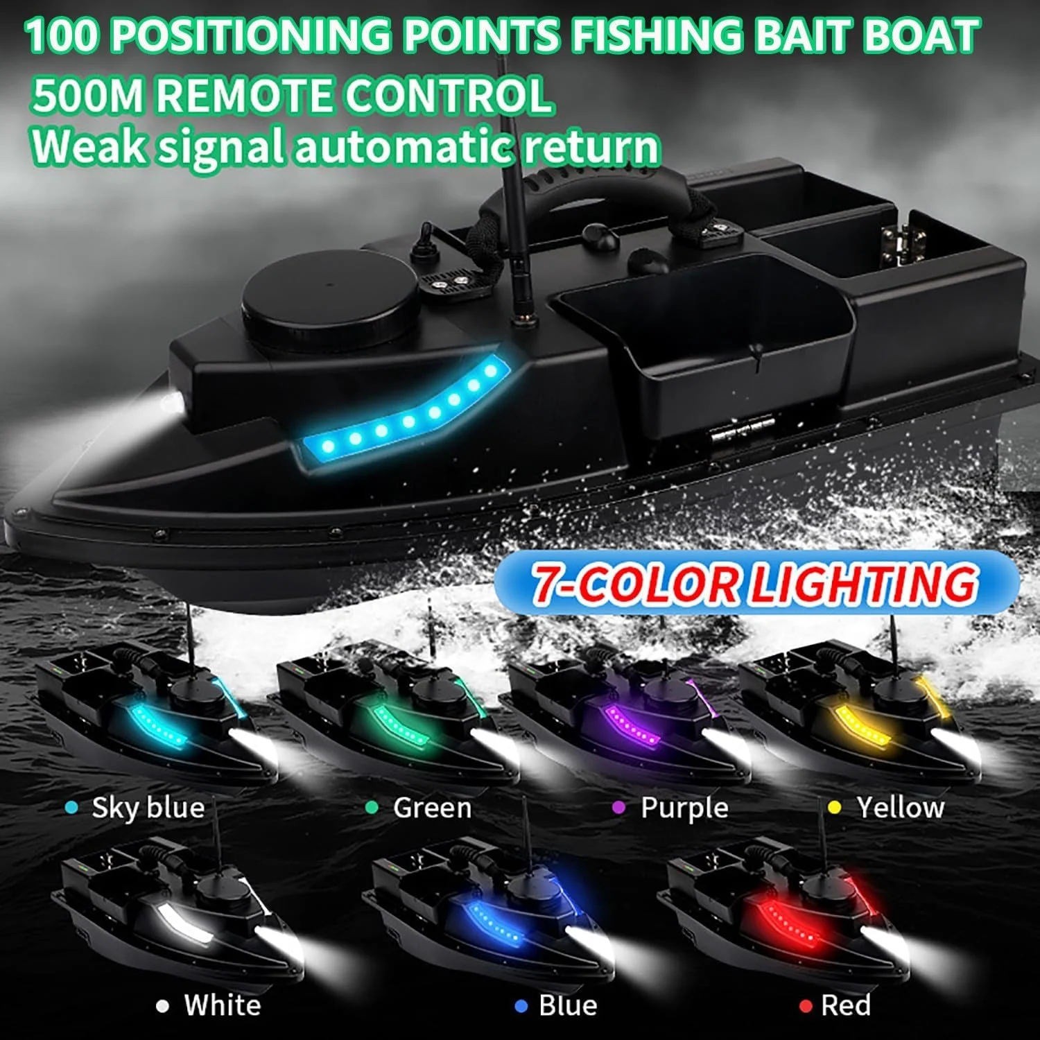 قایق طعمه پاشی با ۴ مخزن طعمه / ۲ عدد باتری ۲۵۰۰۰ میلی آمپر ساعت / کیف قایق، ۱۰۰ نقطه موقعیت یابی، بازگشت خودکار، ۷ چراغ ماهیگیری شبانه رنگی، قایق طعمه ضد آب برای رهاسازی طعمه، بارگیری ۲ کیلوگرم