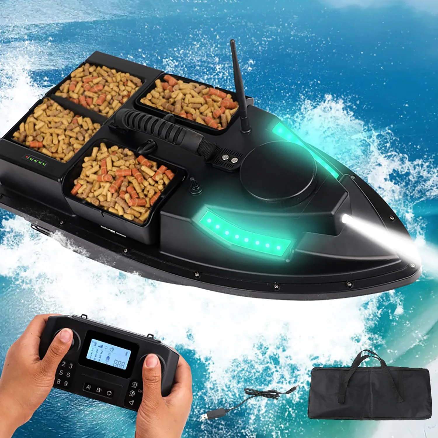 قایق طعمه پاشی ماهیگیری GPS 7.4 ولت با 4 مخزن طعمه / 2 * 2 باتری 25000 میلی آمپر ساعت / 1 * کیف قایق، فاصله کنترل از راه دور 500 متر، 7 چراغ ماهیگیری شبانه رنگی، بازگشت خودکار، بارگیری 2 کیلوگرم ابزار ماهیگیری