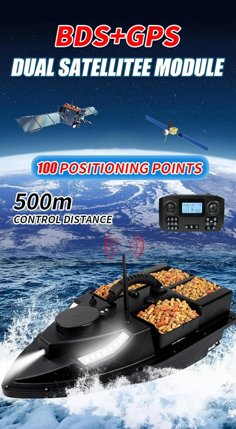 قایق طعمه پاشی ماهیگیری GPS 7.4 ولت با 4 مخزن طعمه / 2 * 2 باتری 25000 میلی آمپر ساعت / 1 * کیف قایق، فاصله کنترل از راه دور 500 متر، 7 چراغ ماهیگیری شبانه رنگی، بازگشت خودکار، بارگیری 2 کیلوگرم ابزار ماهیگیری