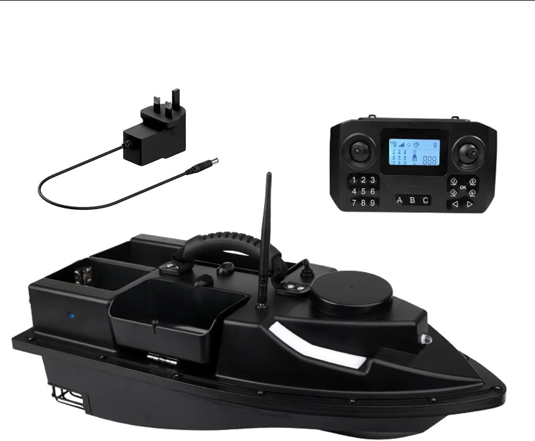 قایق طعمه پاش آرسی ZV9 با ظرفیت 25000mAh، دارای 4 محفظه، GPS، کنترل از راه دور 500 متری با ظرفیت حمل 2 کیلوگرم و قابلیت ضد باد و نور شب، ایده آل برای ماهیگیری کپور و پخش طعمه