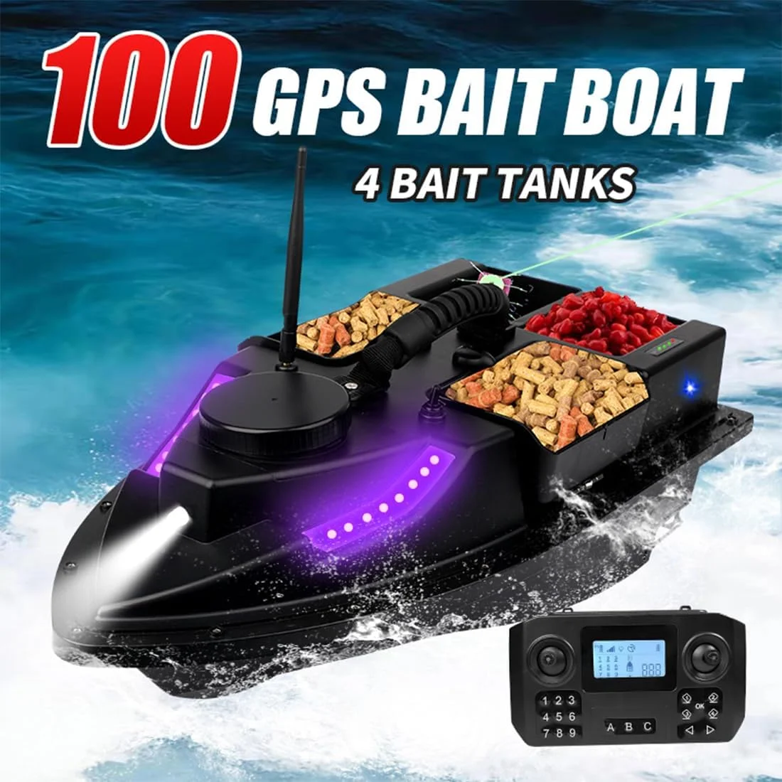 قایق طعمه پاش آرسی ZV9 با ظرفیت 25000mAh، دارای 4 محفظه، GPS، کنترل از راه دور 500 متری با ظرفیت حمل 2 کیلوگرم و قابلیت ضد باد و نور شب، ایده آل برای ماهیگیری کپور و پخش طعمه