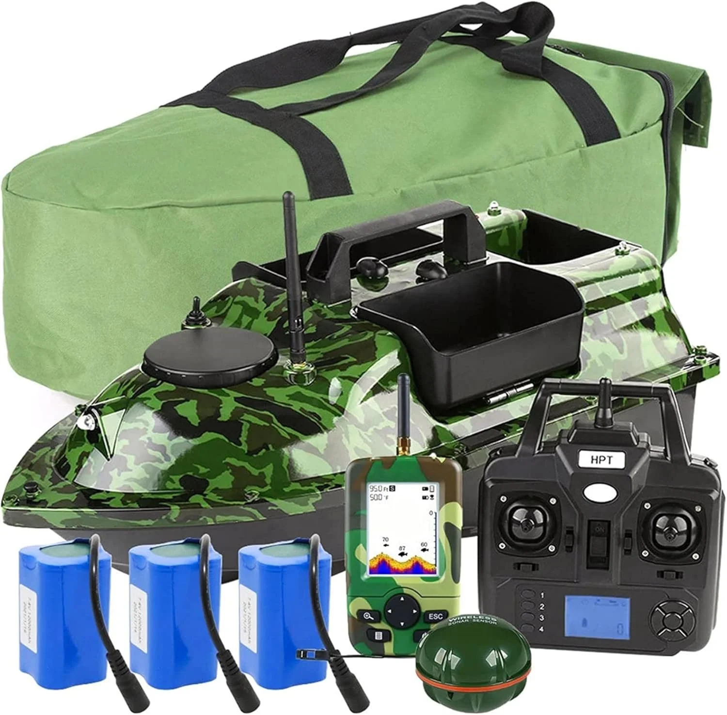 قایق طعمه پاشی ماهیگیری کپور با ماهی یاب، قایق طعمه هوشمند با کنترل از راه دور GPS، صفحه نمایش LCD، ماهی یاب قابل حمل فرکانس سونار 125 کیلوهرتز سنسور سونار تشخیص 100 متری