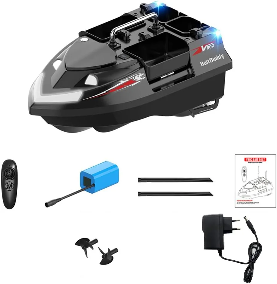 قایق طعمه آرسی V802 با کارایی بالا، دارای GPS، دو آنتن، 4 محفظه و ظرفیت بزرگ 3 کیلوگرمی، ایده آل برای تحویل طعمه و ماهیگیری کپور (مدل اروپایی / مشکی)