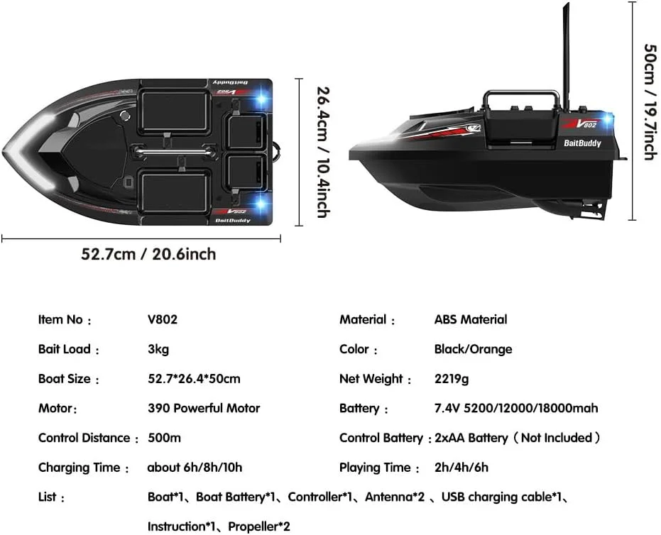 قایق طعمه آرسی V802 با کارایی بالا، دارای GPS، دو آنتن، 4 محفظه و ظرفیت بزرگ 3 کیلوگرمی، ایده آل برای تحویل طعمه و ماهیگیری کپور (مدل اروپایی / مشکی)