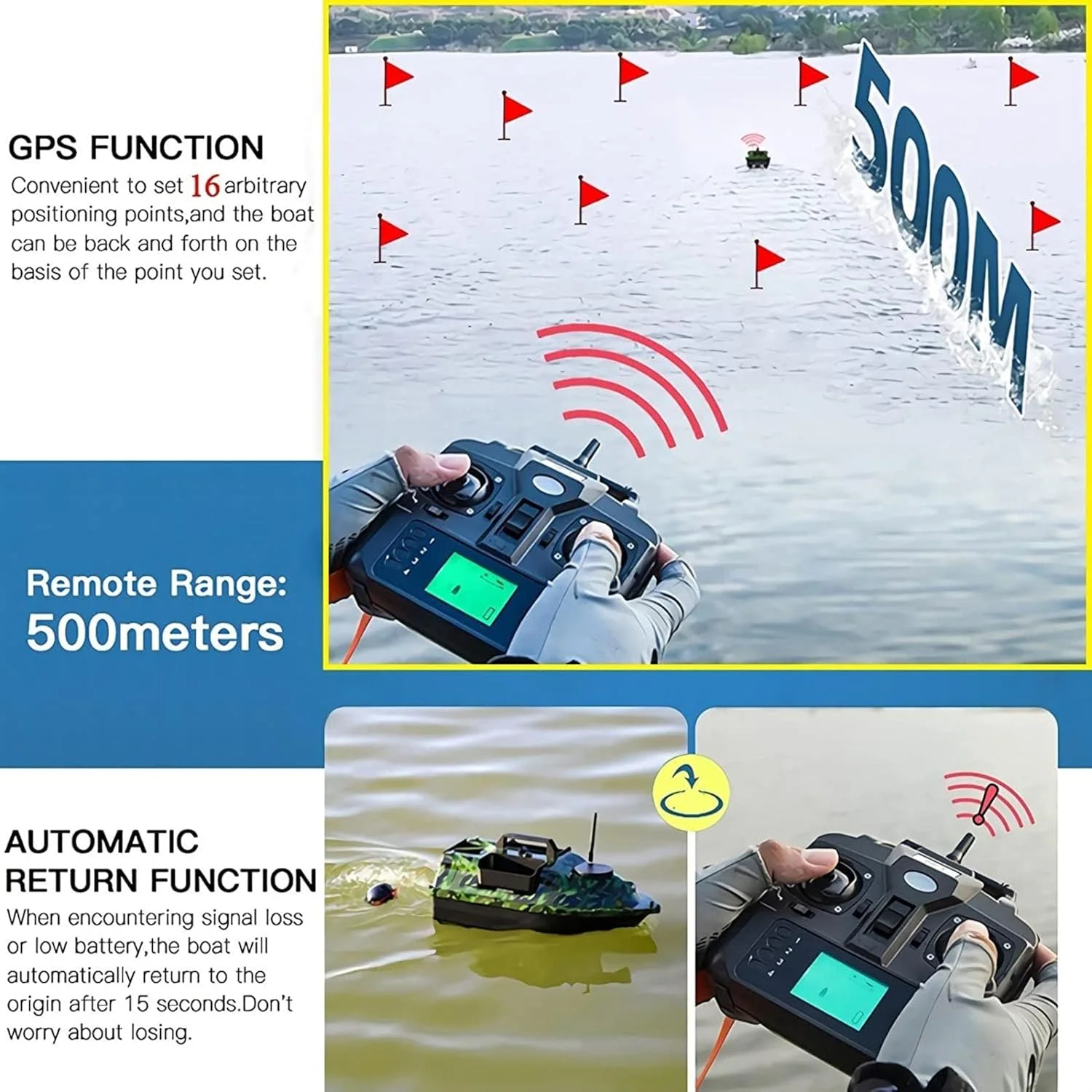قایق طعمه پاشی ماهیگیری کپور با ماهی یاب، قایق طعمه هوشمند با کنترل از راه دور GPS، صفحه نمایش LCD، ماهی یاب قابل حمل فرکانس سونار 125 کیلوهرتز سنسور سونار تشخیص 100 متری