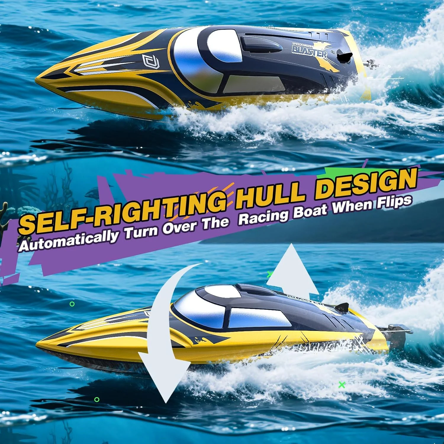 قایق کنترلی سریع ۱۴ اینچی DEERC با چراغ LED، بیش از ۳۰ دقیقه زمان رانندگی، سرعت بیش از ۲۰ مایل در ساعت، قایق پرسرعت خود-راست‌شونده با کنترل از راه دور برای استخر و دریاچه، طرح پنجه، هدیه تابستانی برای کودکان و بزرگسالان