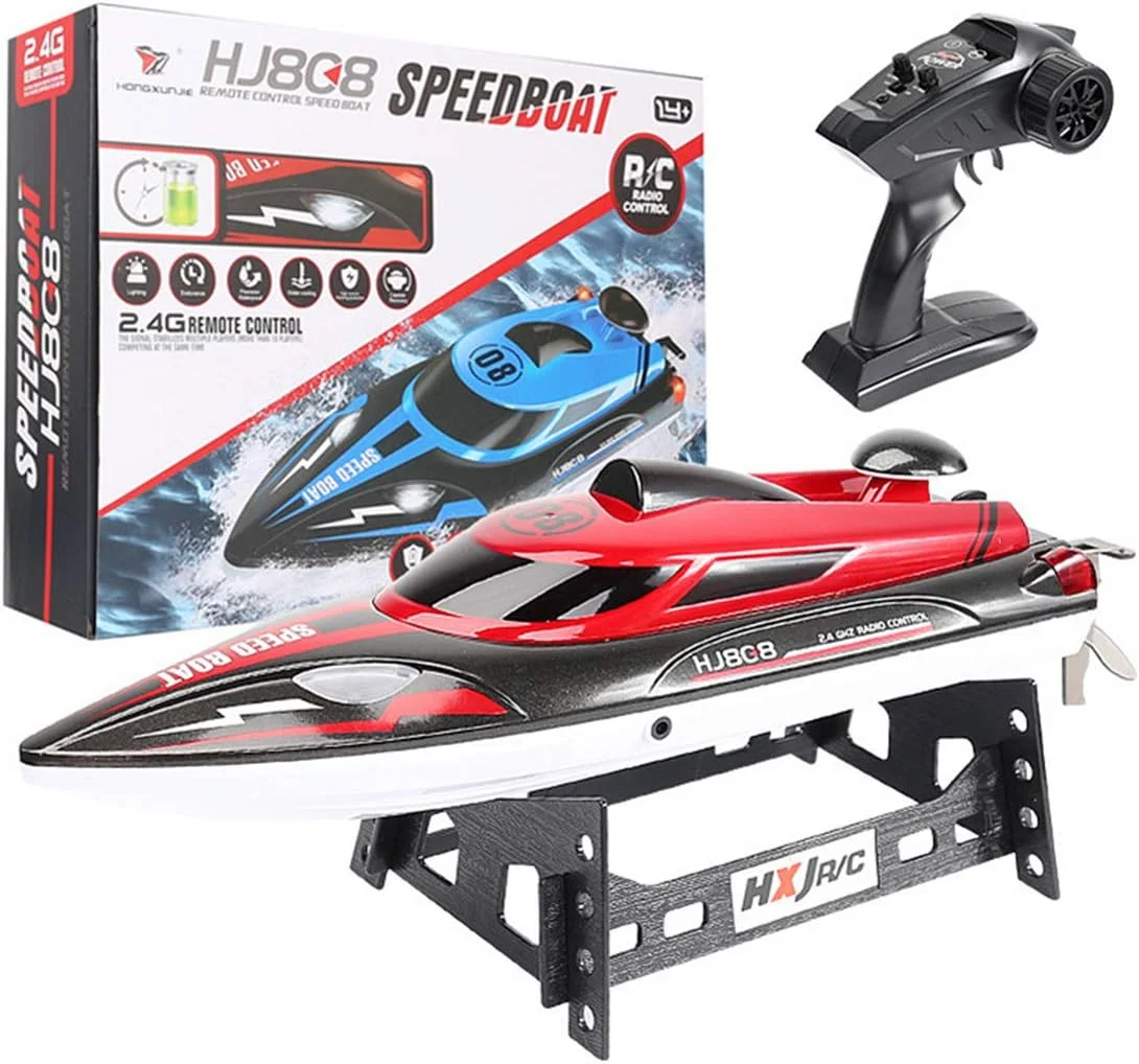 قایق کنترلی پرسرعت 2.4 گیگاهرتزی مدل HJ808 با سرعت 29 کیلومتر بر ساعت، مناسب برای کودکان و بزرگسالان، قابل استفاده در دریاچه ها و استخرها، دارای دو باتری و دو کابل شارژ (قرمز)
