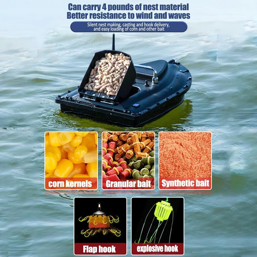 قایق طعمه ماهیگیری کنترل از راه دور، قایق غذا دهی ماهی با برد 900 متر، ظرفیت 2 کیلوگرم، موقعیت یابی هوشمند بی سیم، عمر باتری 10-16 ساعت، بازگشت با یک کلیک و کنترل کروز