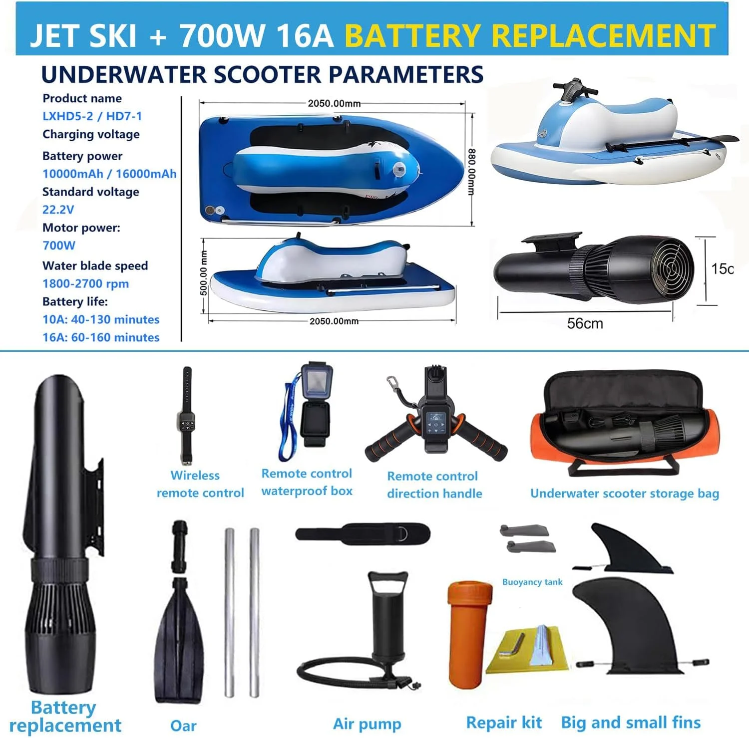 قایق جت اسکی موج سواری برقی با پروانه زیرآبی 500 وات/700 وات، به همراه دسته غواصی/کیف نگهداری تراستر، تنظیم 9 سرعته، حداکثر ظرفیت بار 220 کیلوگرم، برای غواصی در دریا و ورزش های آبی 700WPRO16A