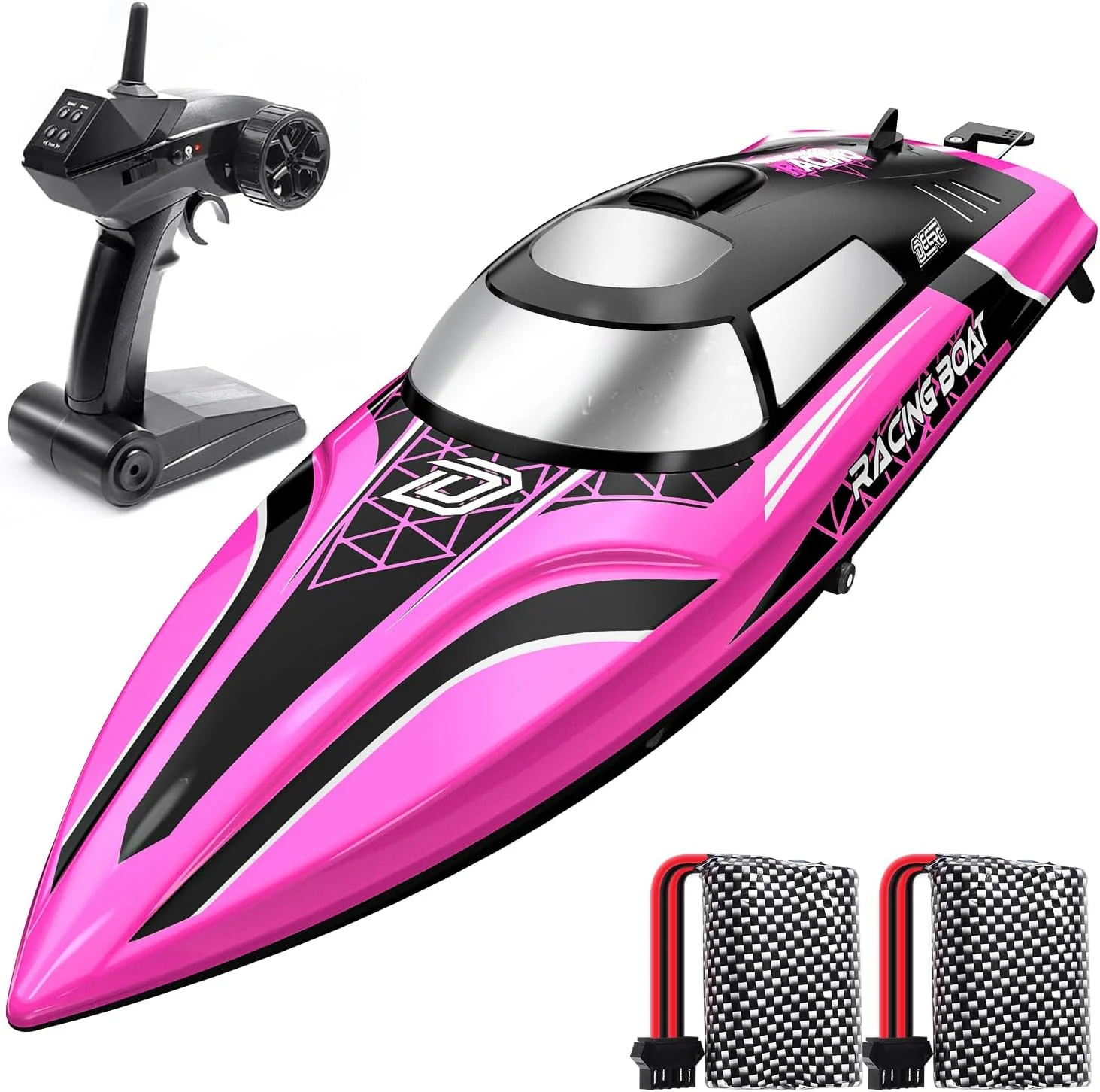 قایق کنترلی سریع DEERC با نورپردازی LED، بیش از 30 دقیقه زمان استفاده، بیش از 32 کیلومتر در ساعت، قایق کنترلی با قابلیت صاف شدن خودکار برای استخرها و دریاچه ها، قایق های مسابقه ای 2.4 گیگاهرتز، اسباب بازی آبی تابستانی برای کودکان