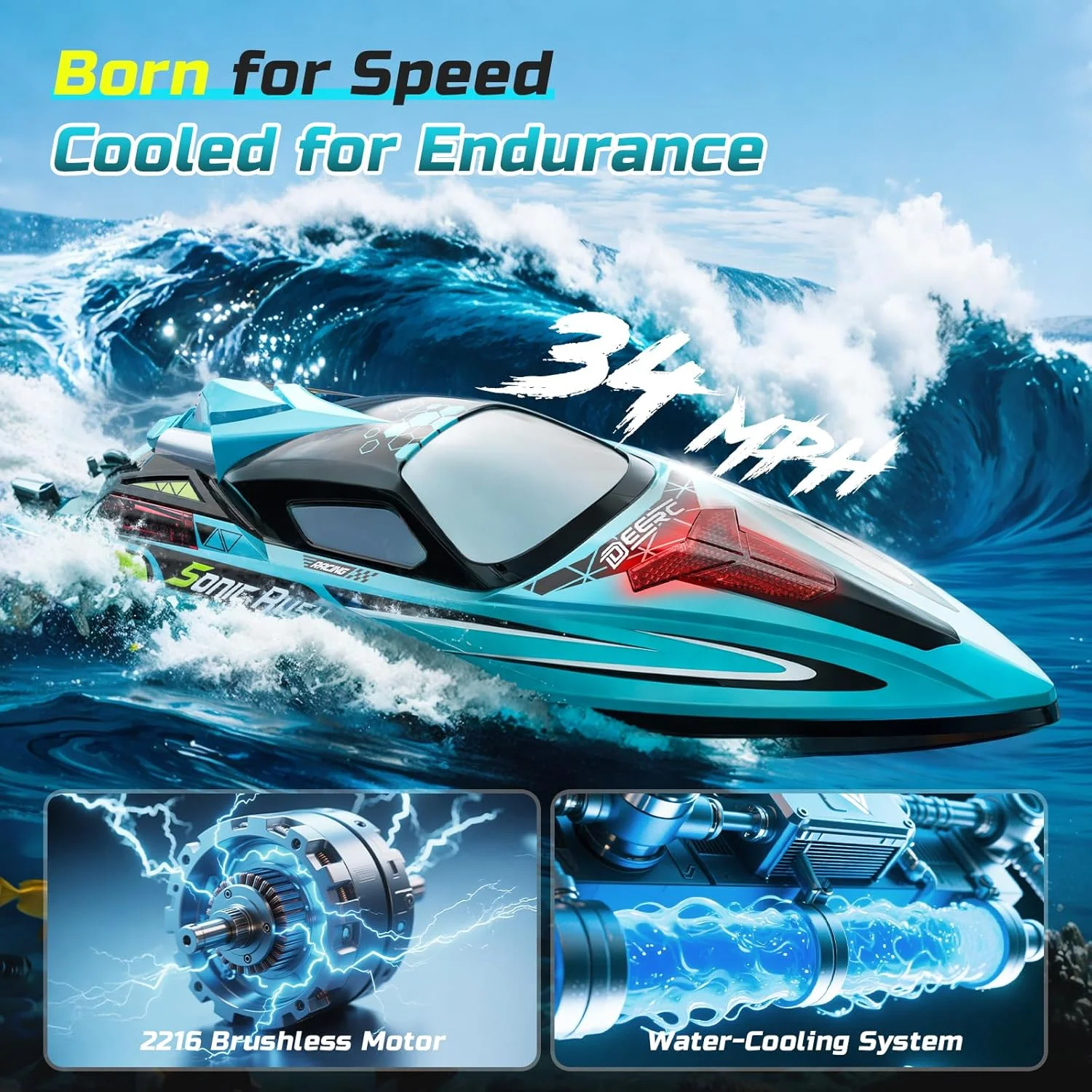 قایق کنترلی براشلس DEERC برای بزرگسالان، قایق های کنترلی بسیار سریع ۱۷ اینچی با سرعت ۳۴ مایل در ساعت با باتری 3S (11.1 ولت)، چراغ های LED، قابلیت خود-راست شوندگی، قایق مسابقه ای 2.4 گیگاهرتزی برای استخر و دریاچه، هدیه و اسباب بازی برای پسران و دختران