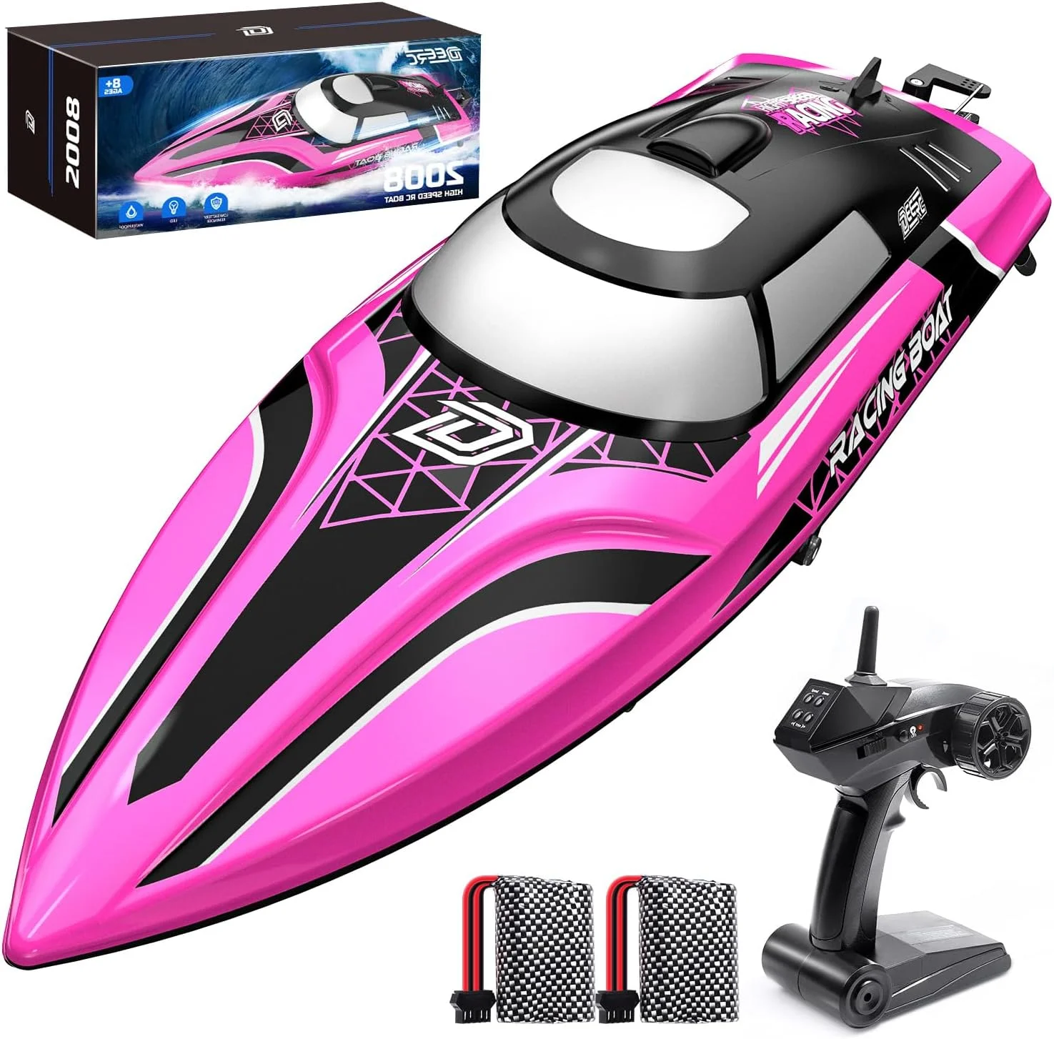 قایق کنترلی پرسرعت DEERC با LED، بیش از 30 دقیقه زمان بازی، بیش از 32 کیلومتر در ساعت سرعت، 2 عدد باتری لیتیومی 7.4 ولت، 1200 میلی آمپر ساعت، با قابلیت خود-راست شوندگی برای استخرها و دریاچه ها، قایق مسابقه ای 2.4 گیگاهرتز، اسباب بازی آبی برای کودکان (صورتی)