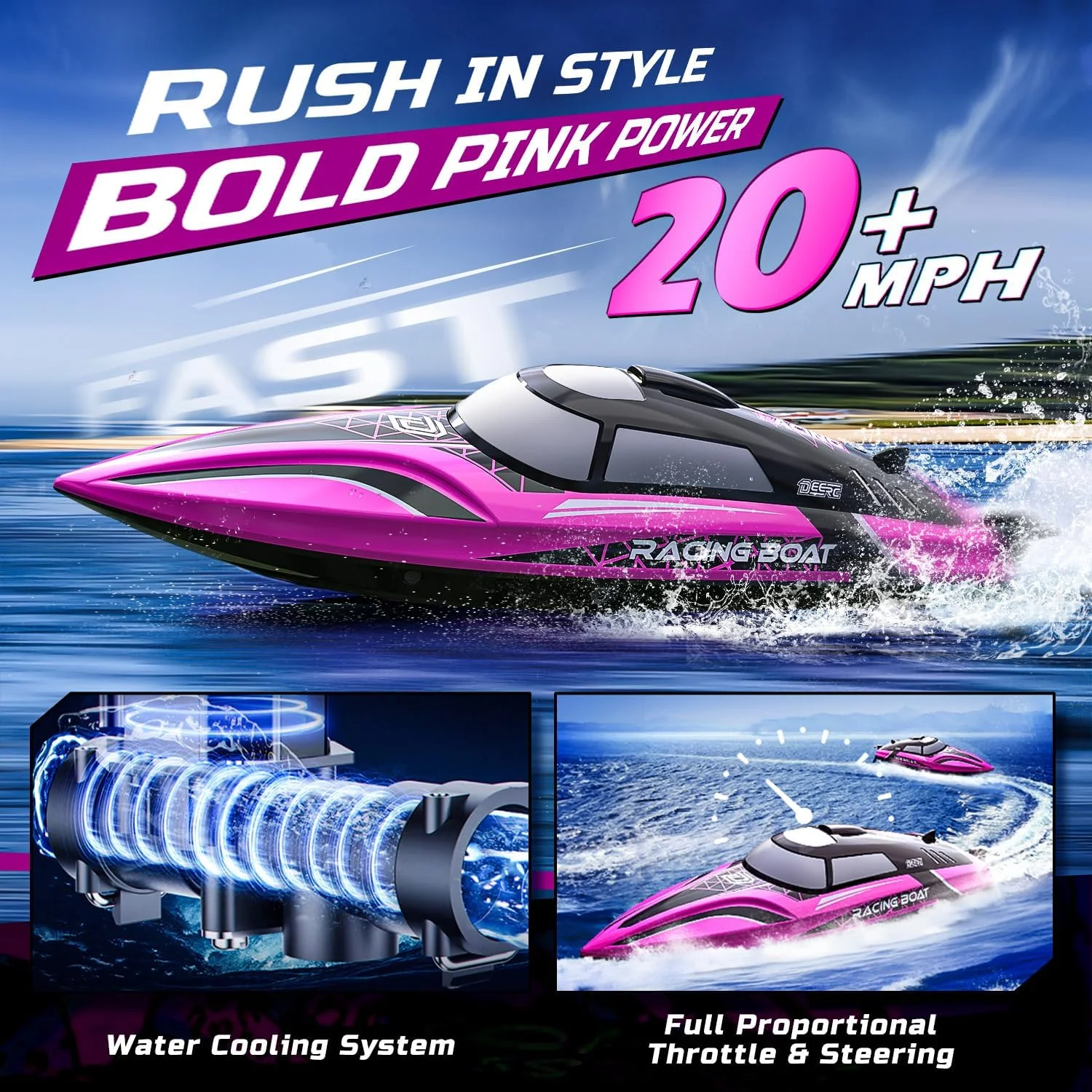قایق کنترلی پرسرعت DEERC با LED، بیش از 30 دقیقه زمان بازی، بیش از 32 کیلومتر در ساعت سرعت، 2 عدد باتری لیتیومی 7.4 ولت، 1200 میلی آمپر ساعت، با قابلیت خود-راست شوندگی برای استخرها و دریاچه ها، قایق مسابقه ای 2.4 گیگاهرتز، اسباب بازی آبی برای کودکان (صورتی)