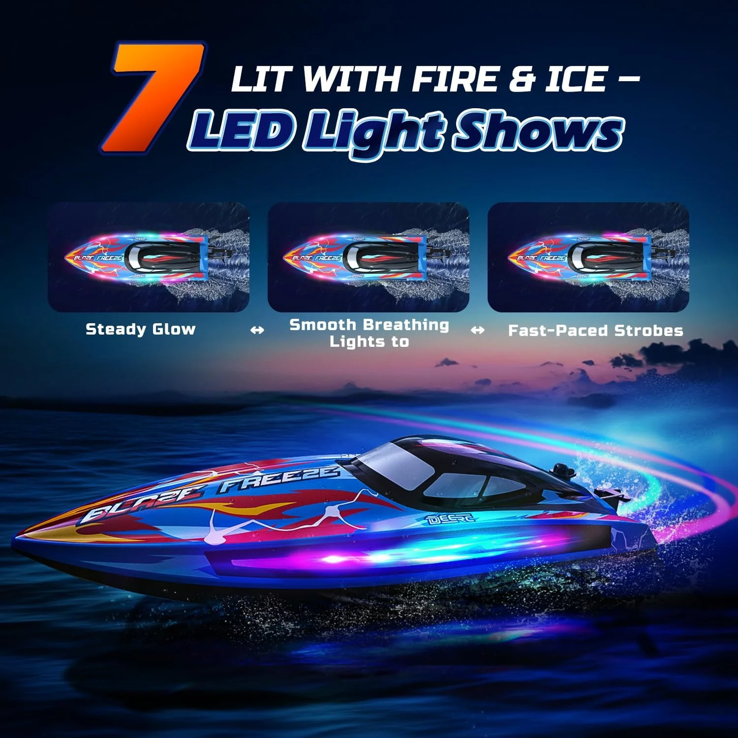 قایق کنترلی پرسرعت DEERC برای استخر و دریاچه با نور LED، 20+ مایل در ساعت، 40+ دقیقه، قایق مسابقه ای کنترلی خود-راست شونده برای کودکان، هدیه اسباب بازی آبی تابستانی 2.4 گیگاهرتز