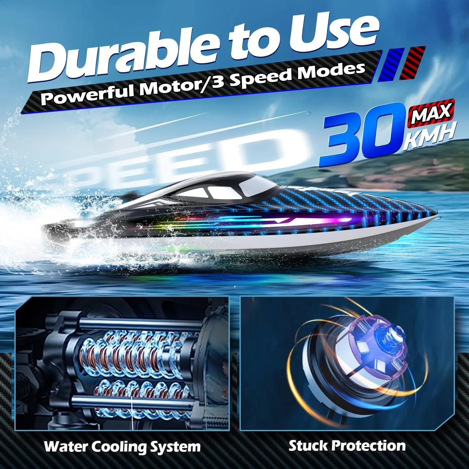 قایق کنترلی از راه دور با سرعت 30 کیلومتر در ساعت، دارای 7 حالت نور LED، ضد آب، قایق پر سرعت الکتریکی برای بزرگسالان و کودکان 8 تا 12 سال، مناسب بازی در دریاچه و استخر، قابلیت خود اصلاحی، نمایش، خنک کننده آبی، 20 دقیقه بازی، هشدار باتری کم، 2.4 گیگاهرتز، آبی