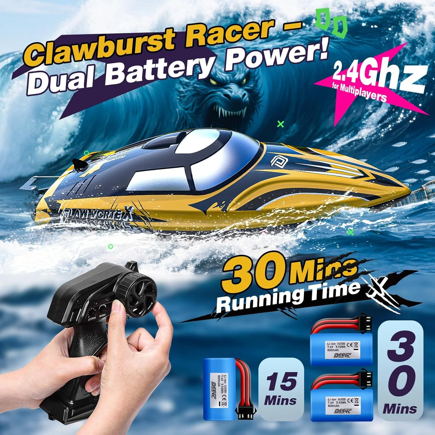 قایق کنترلی سریع ۱۴ اینچی DEERC با چراغ های LED، بیش از ۳۰ دقیقه زمان بازی، سرعت بیش از ۳۲ کیلومتر در ساعت، قایق کنترلی سریع اتوماتیک برای استخر و دریاچه، اسباب بازی آبی تابستانی برای بزرگسالان و کودکان