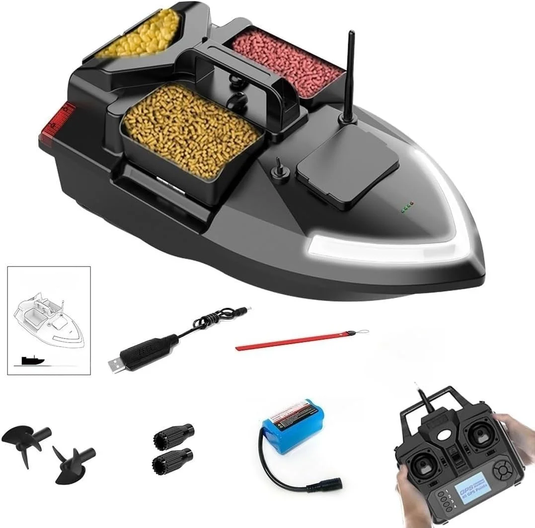 قایق طعمه پاش آرسی GPS دار برای ماهیگیری، 3 محفظه برد 500 متری، کروز هوشمند و بازگشت خودکار، ظرفیت بارگیری 2 کیلوگرمی، باتری 5200 میلی آمپر ساعتی، 2 ساعت استفاده برای پرتاب طعمه در مسافت های طولانی