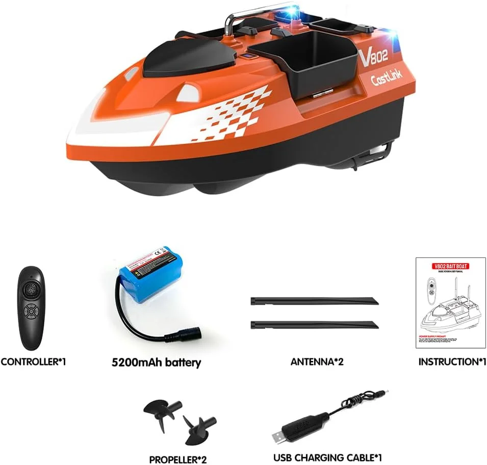 قایق طعمه پاش آرسی جی پی اس دار برای ماهیگیری، 4 محفظه برد 500 متری، کروز هوشمند و بازگشت خودکار، ظرفیت بارگیری 3 کیلوگرمی، باتری 5200 میلی آمپر ساعتی، 2 ساعت استفاده برای پخش طعمه در مسافت های طولانی