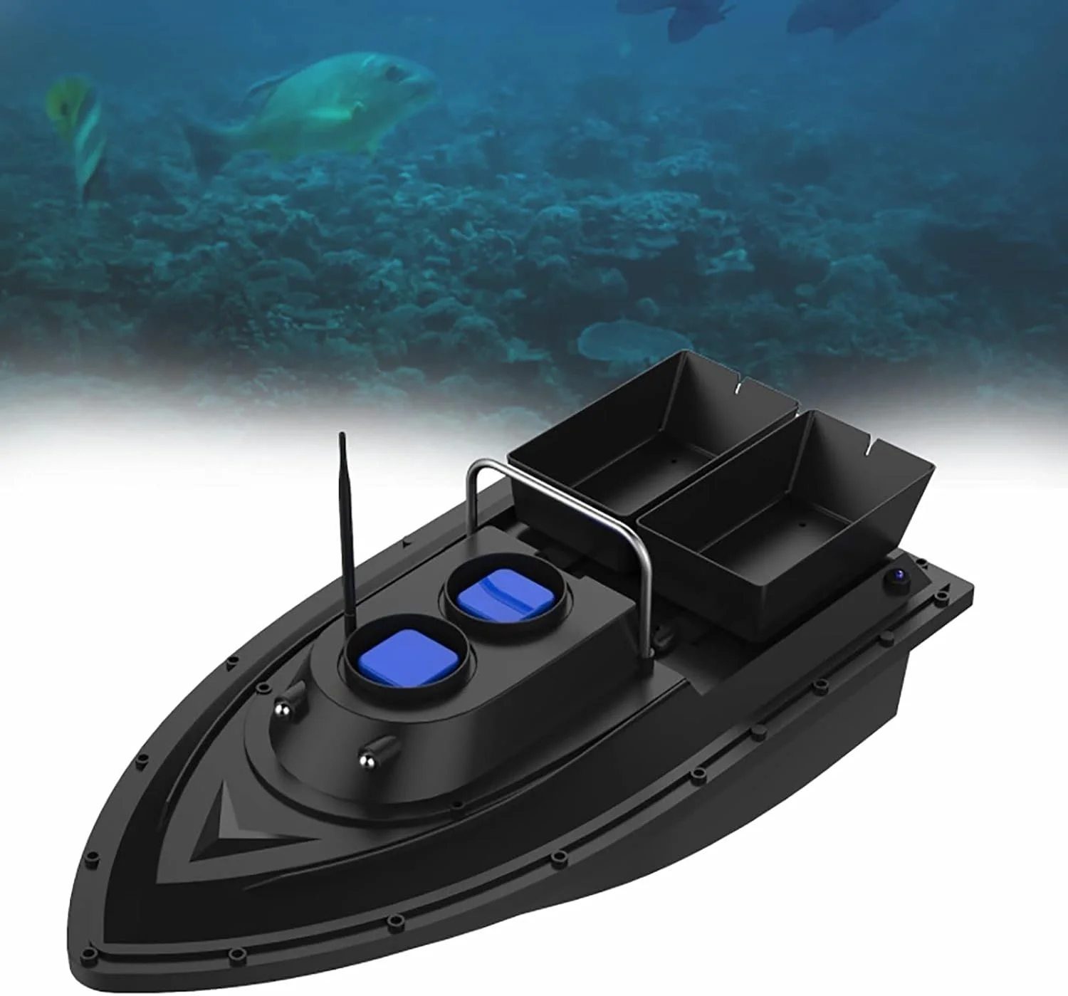 قایق طعمه پاش ماهیگیری اتوماتیک با کنترل از راه دور، دارای چراغ، ظرفیت 5200mAh، برد 500 متر و کروز کنترل، دو مخزن، دو موتور