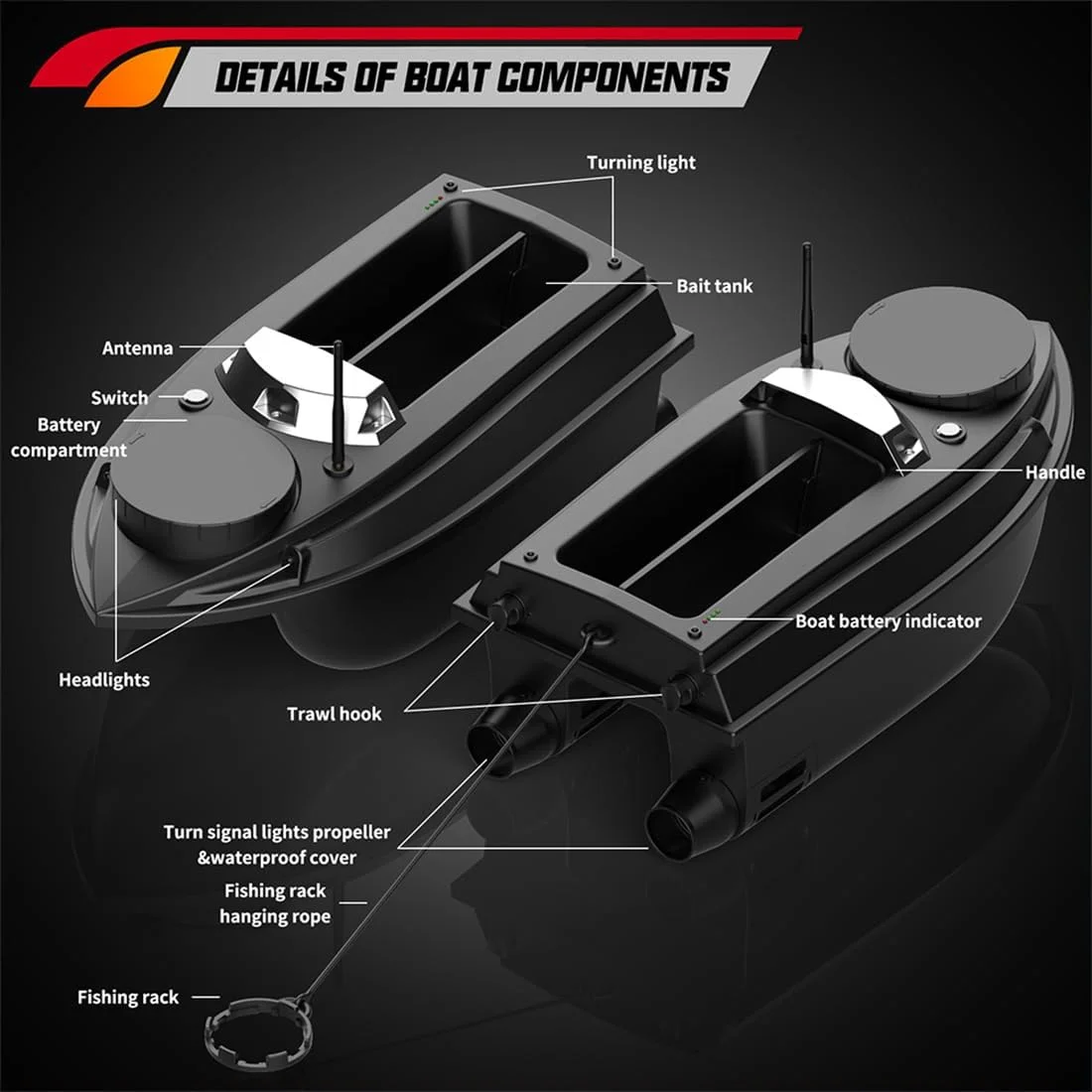 قایق طعمه پاش آرسی جی پی اس دار برای ماهیگیری، برد ۸۰۰ متری با قابلیت کروز هوشمند و بازگشت خودکار، ظرفیت حمل بار ۳ کیلوگرمی، باتری ۲۰۰۰۰ میلی آمپری با ۲-۴ ساعت استفاده برای پخش طعمه در مسافت های طولانی، مناسب برای علاقه مندان به ماهیگیری