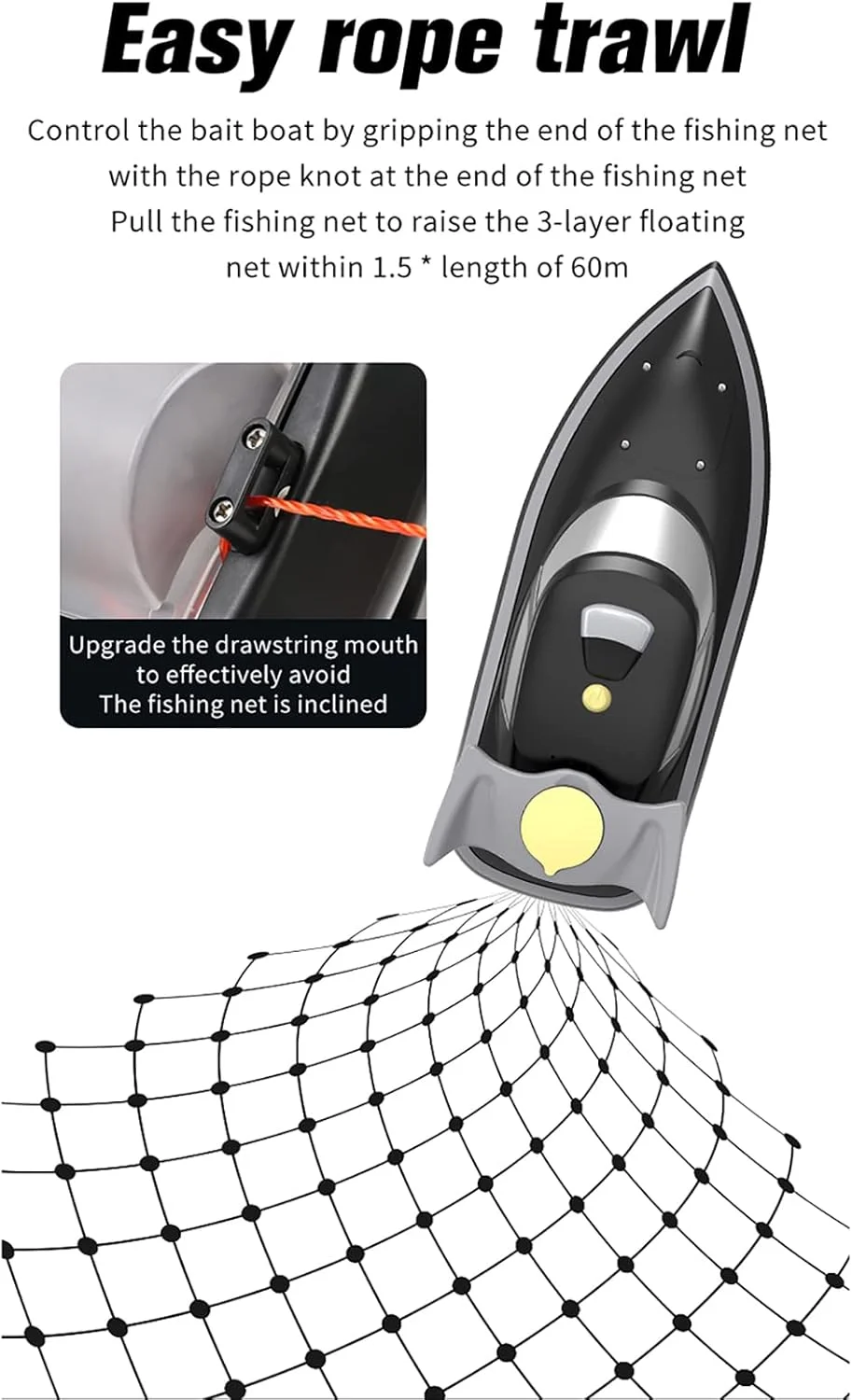 قایق طعمه پاش خودکار کنترل از راه دور برای ماهیگیری کپور با چراغ، ظرفیت 7800mAh، برد 500 متر و کروز کنترل، 7 کیلومتر در ساعت