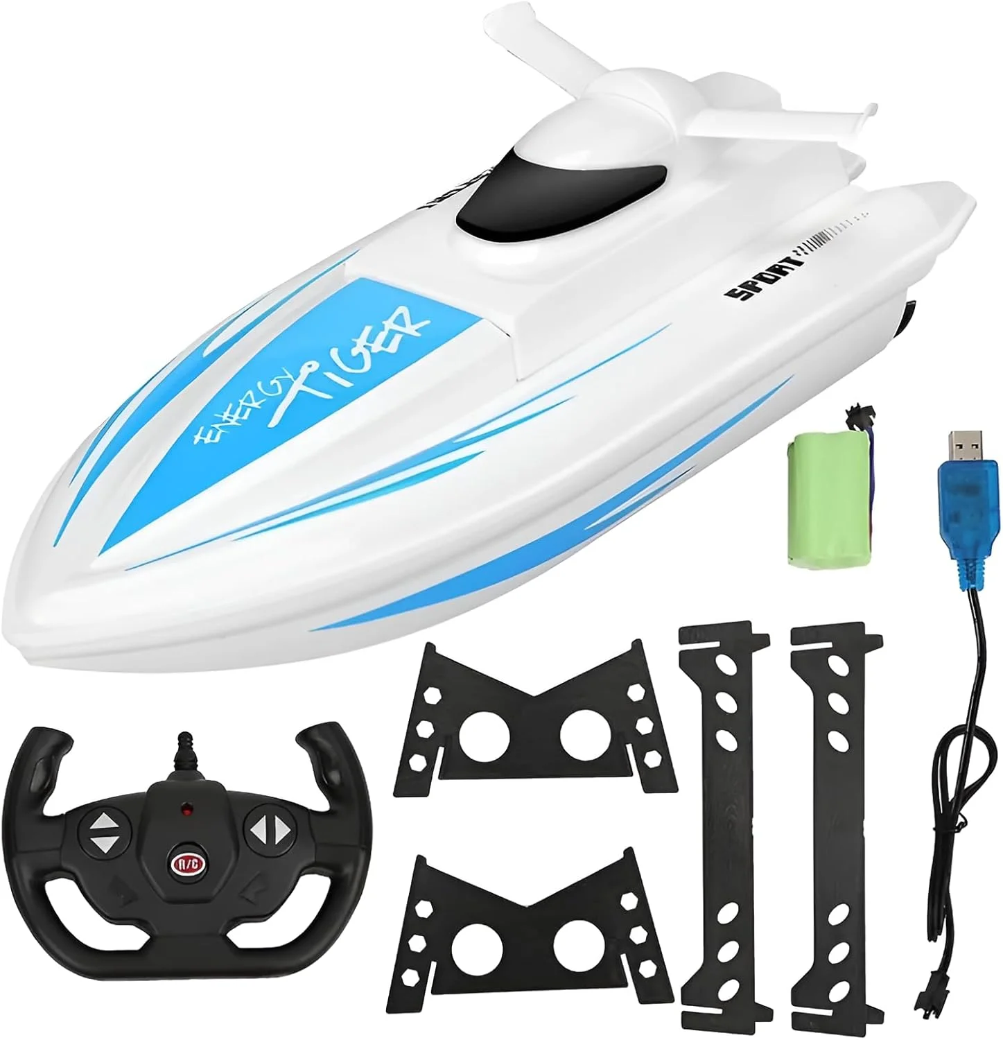 قایق آرسی با سرعت 20 کیلومتر در ساعت | قایق مسابقه ای آرسی پرسرعت چهار کاناله 2.4 گیگاهرتز | موتور خنک شونده با آب | قابلیت بازی چند نفره تا 10 قایق | به همراه استند نمایش