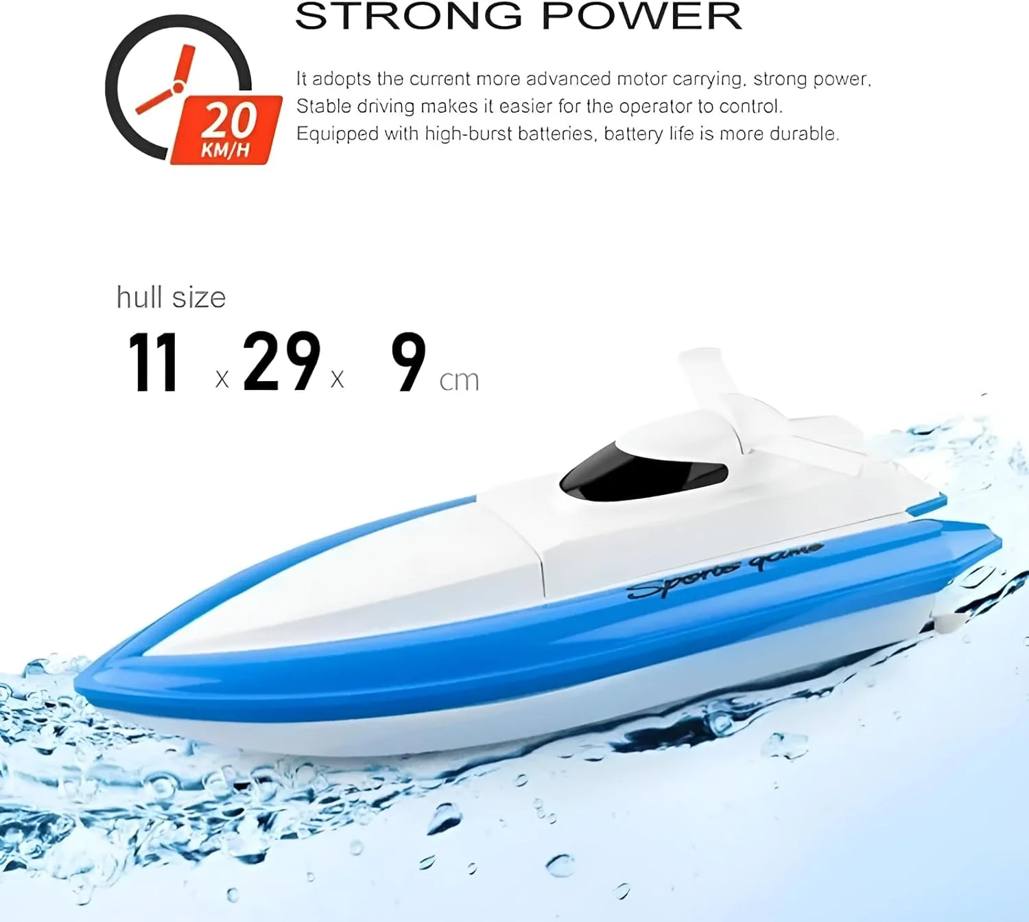 قایق آرسی با سرعت 20 کیلومتر در ساعت | قایق مسابقه ای آرسی پرسرعت چهار کاناله 2.4 گیگاهرتز | موتور خنک شونده با آب | قابلیت بازی چند نفره تا 10 قایق | به همراه استند نمایش