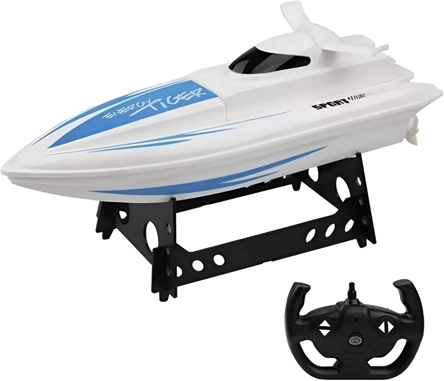 قایق آرسی با سرعت 20 کیلومتر در ساعت | قایق مسابقه ای آرسی پرسرعت چهار کاناله 2.4 گیگاهرتز | موتور خنک شونده با آب | قابلیت بازی چند نفره تا 10 قایق | به همراه استند نمایش