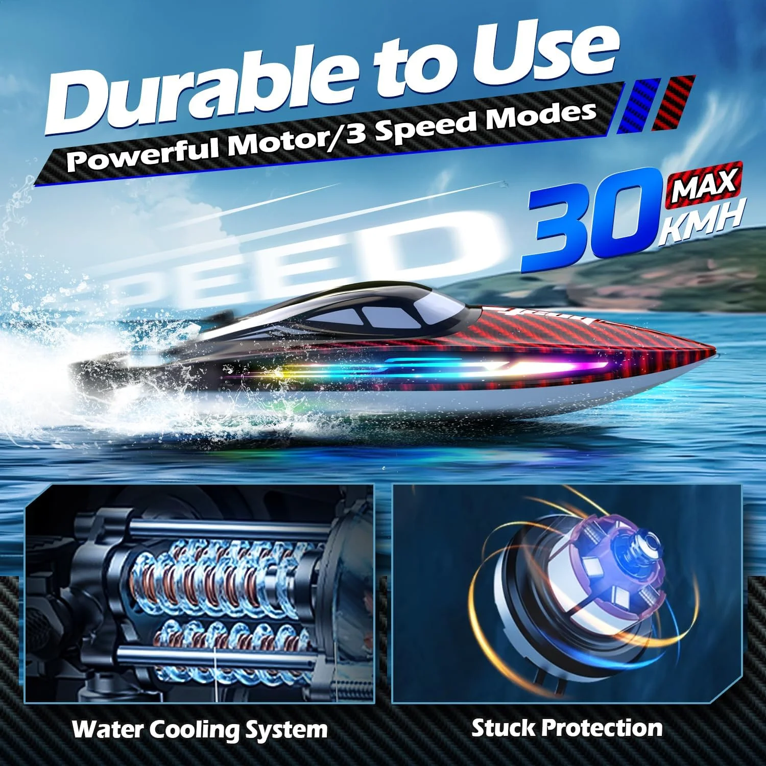 قایق کنترلی با سرعت 30 کیلومتر در ساعت با 7 حالت نور، قایق موتوری الکتریکی سریع با کنترل از راه دور برای بزرگسالان و کودکان 8-12 سال مناسب بازی در دریاچه، استخر و آب، دارای قابلیت خود اصلاحی، نمایش، خنک کننده آبی، ضد آب کامل، 20 دقیقه زمان بازی، هشدار باتری کم، 2.4 گیگاهرتز، قرمز