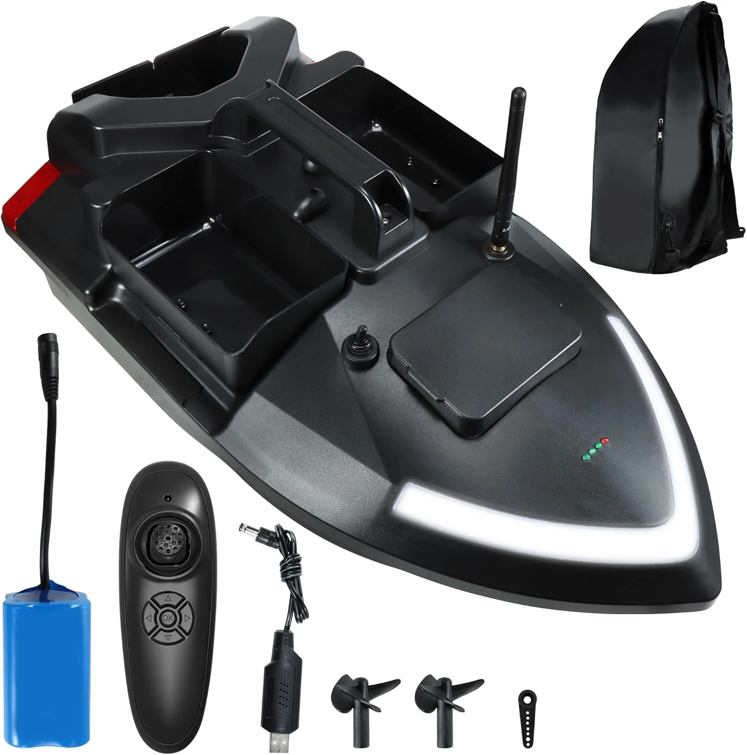 قایق طعمه پاش آرسی مناسب ماهیگیری در دریاچه و رودخانه با ظرفیت بارگیری 2 کیلوگرم، سیستم موتور و باتری دوتایی برای برد طولانی، باتری 12000 میلی آمپر، قایق طعمه پاش ماهیگیری با چراغ ال ای دی مناسب ماهیگیری حرفه ای