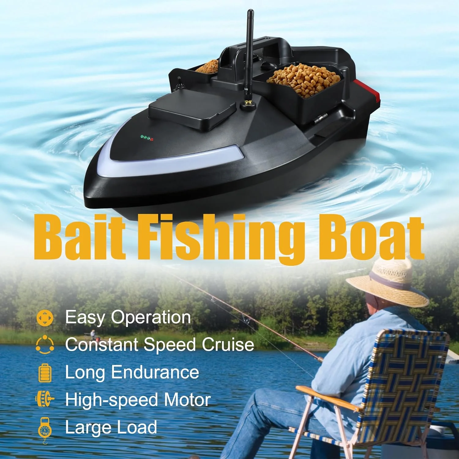 قایق طعمه پاش آرسی مناسب ماهیگیری در دریاچه و رودخانه با ظرفیت بارگیری 2 کیلوگرم، سیستم موتور و باتری دوتایی برای برد طولانی، باتری 12000 میلی آمپر، قایق طعمه پاش ماهیگیری با چراغ ال ای دی مناسب ماهیگیری حرفه ای