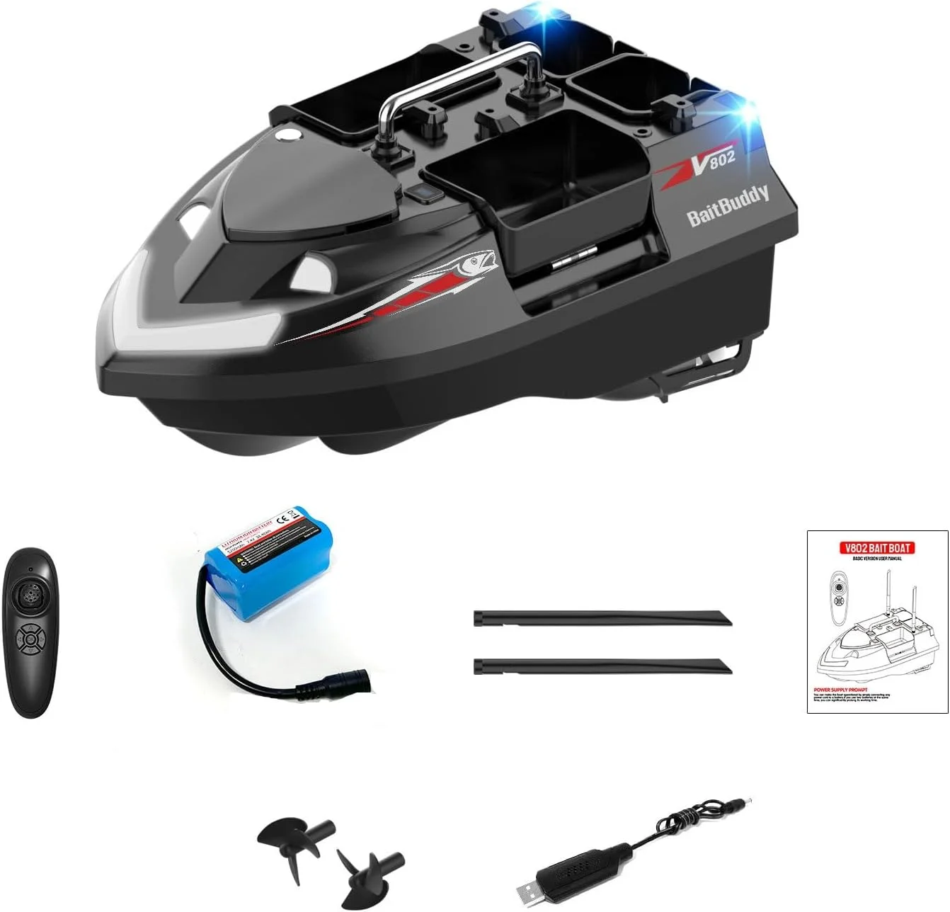 قایق طعمه ماهیگیری، قایق موتوری RC با ظرفیت بزرگ 3 کیلوگرمی و راندمان بالا با 4 مخزن طعمه، موقعیت یابی GPS، چراغ های ماهیگیری LED، برای ماهیگیری با طعمه