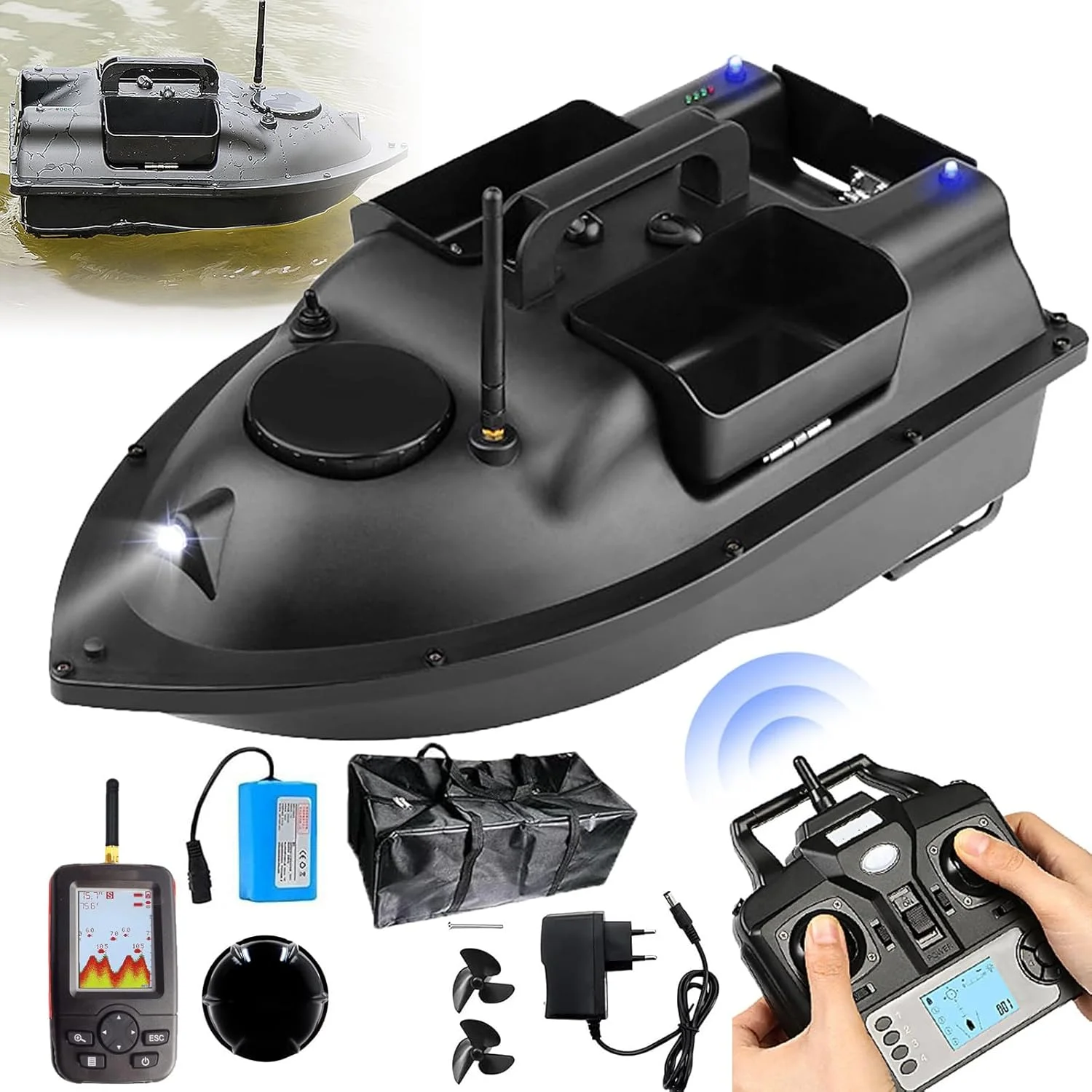 قایق طعمه پاش آرسی با جی پی اس و ماهی یاب، قایق طعمه ماهیگیری برای کپور - کنترل از راه دور بی سیم 500 متری، محافظ طعمه منجنیق W3 و موتور دوگانه، علامت گذاری 16 مکان ماهیگیری، C