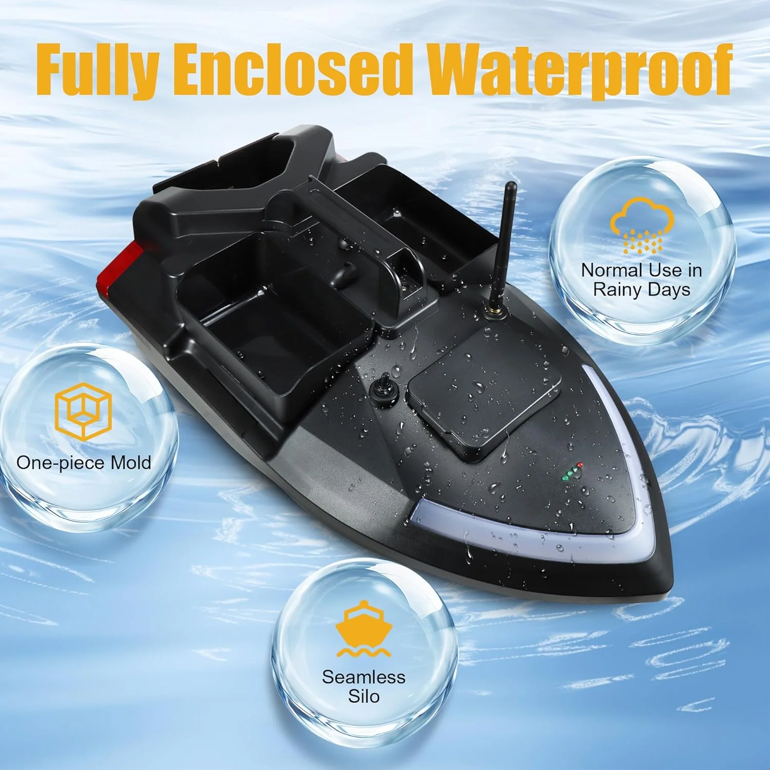 قایق طعمه پاش آرسی مناسب ماهیگیری در دریاچه و رودخانه با ظرفیت بارگیری 2 کیلوگرم، سیستم موتور و باتری دوتایی برای برد طولانی، باتری 12000 میلی آمپر، قایق طعمه پاش ماهیگیری با چراغ ال ای دی مناسب ماهیگیری حرفه ای