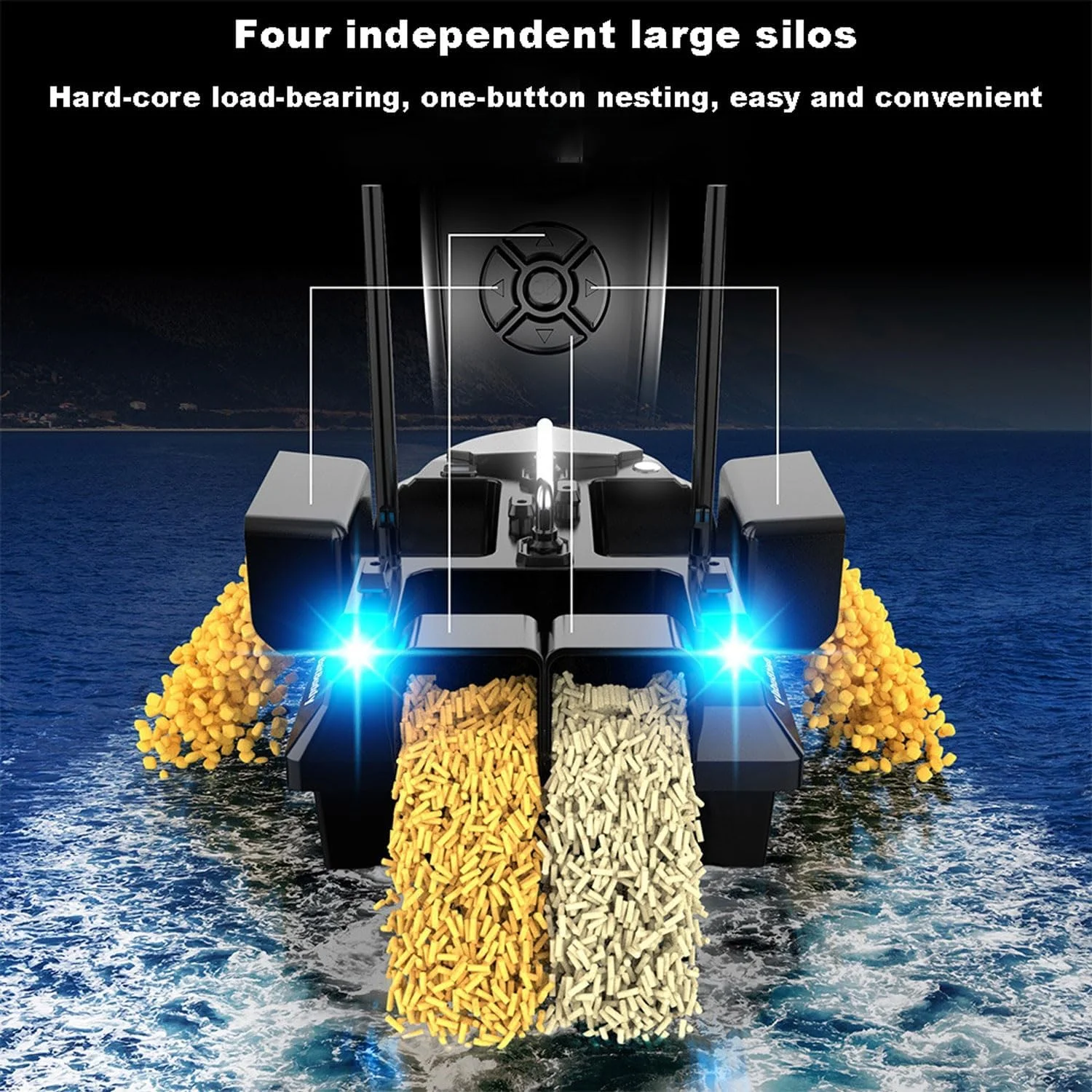 قایق طعمه ماهیگیری، قایق موتوری RC با ظرفیت بزرگ 3 کیلوگرمی و راندمان بالا با 4 مخزن طعمه، موقعیت یابی GPS، چراغ های ماهیگیری LED، برای ماهیگیری با طعمه