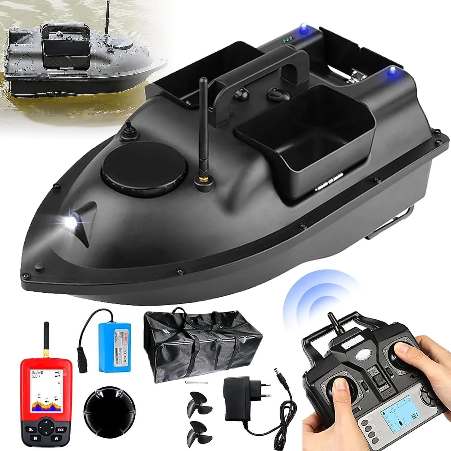 قایق طعمه پاش آرسی با جی پی اس و ماهی یاب، قایق طعمه ماهیگیری برای کپور - کنترل از راه دور بی سیم 500 متری، محافظ طعمه منجنیق W3 و موتور دوگانه، علامت گذاری 16 مکان ماهیگیری، ب