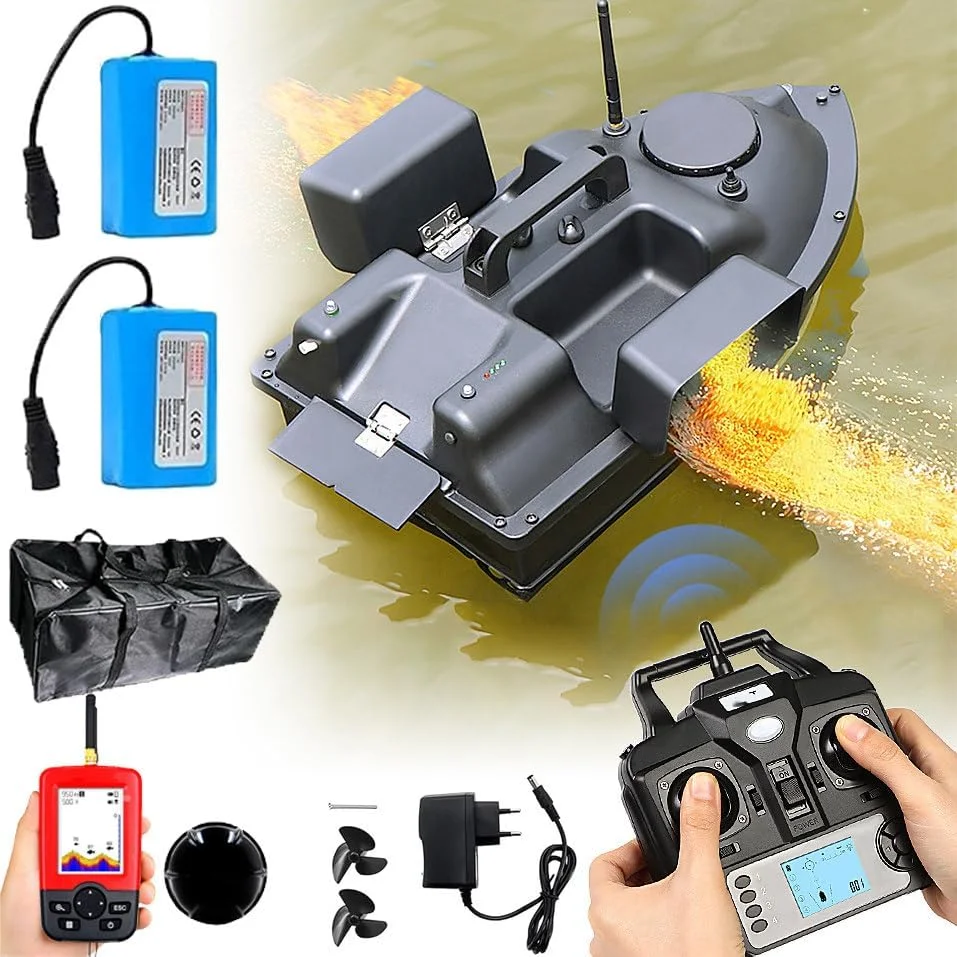 قایق طعمه پاش GPS (2 باتری 5200 میلی آمپر) + ماهی یاب بی سیم، با 3 محافظ پرتاب طعمه و موتور دوگانه، علامت گذاری 16 مکان ماهیگیری، B